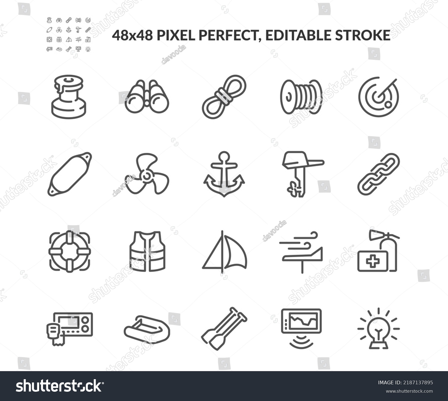 SVG of Simple Set of Sea Boat Equipment Related Vector Line Icons. 
Contains such Icons as Radar, Sailboat winch, Deck light and more. Editable Stroke. 48x48 Pixel Perfect. svg