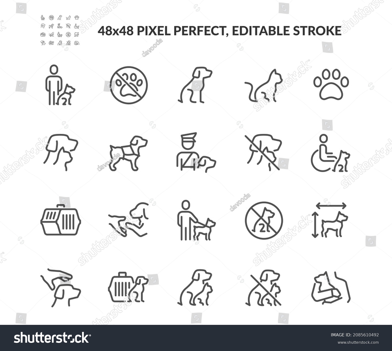 SVG of Simple Set of Service Pet Related Vector Line Icons. Contains such Icons as Emotional Support Dog, Restriction Sign, Pet Transportation Pictogram and more. Editable Stroke. 48x48 Pixel Perfect. svg