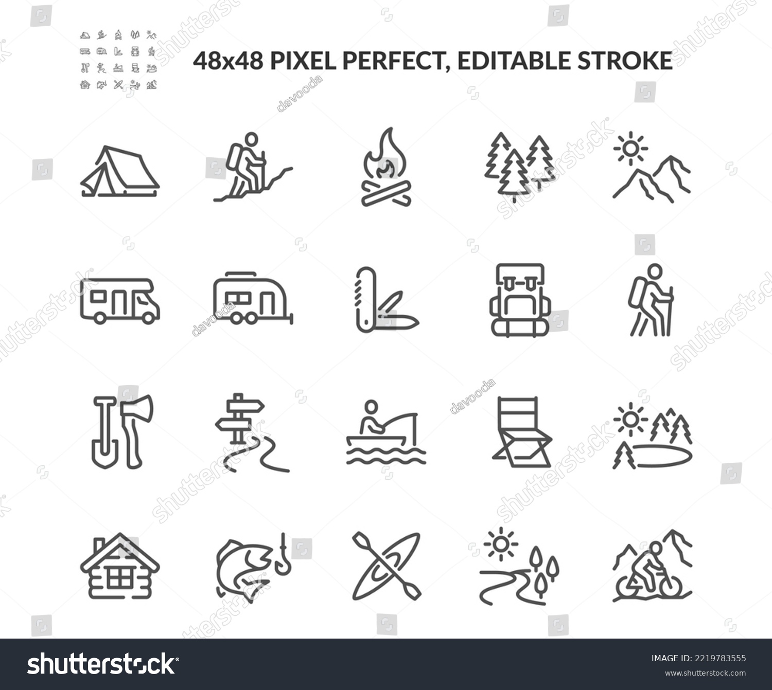 SVG of Simple Set of Travel Outdoor Related Vector Line Icons. Contains such Icons as Campfire, Hiking, Camp Trailer and more. Editable Stroke. 48x48 Pixel Perfect. svg