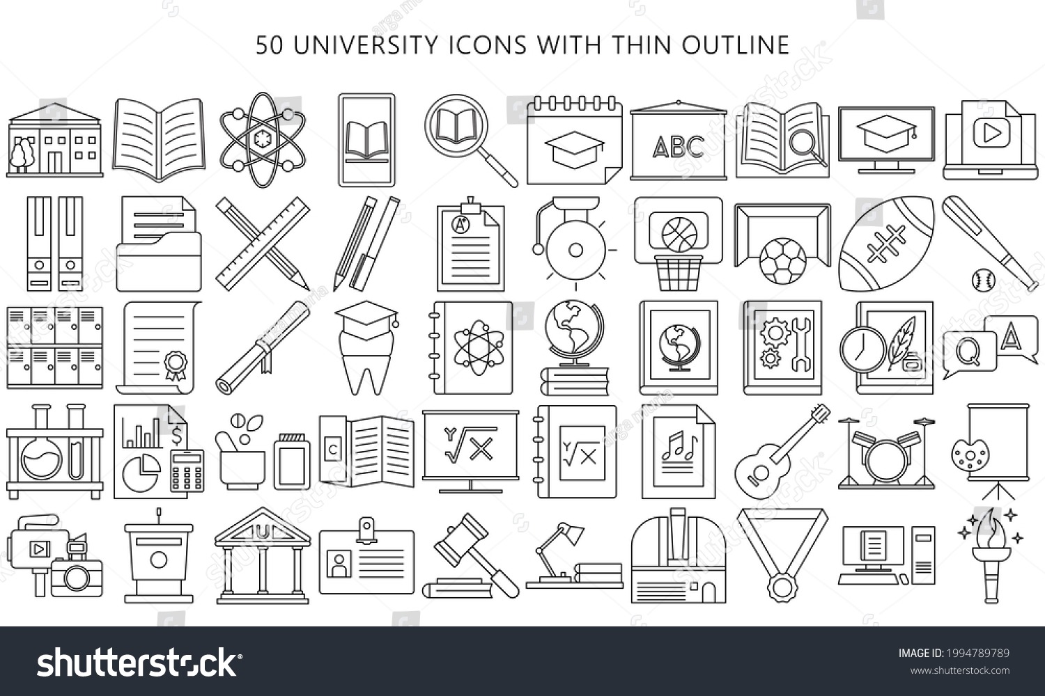 SVG of Simple Set universities and colleges thin Line Icons. Contains  Icons any faculty, chemistry. physics, sports mathematics, economic, accounting and others. EPS 10 ready convert to SVG svg