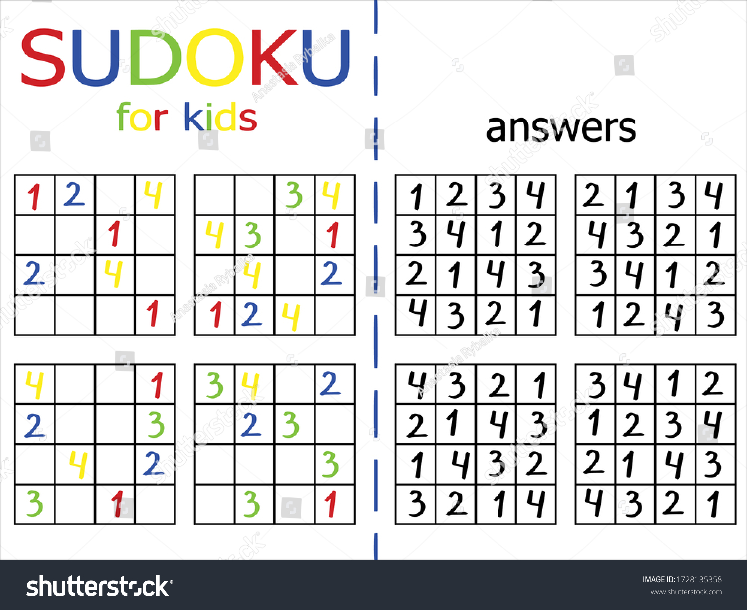 SVG of Simple sudoku set of four games for kids and beginners. Easy sudoku number puzzle with solution. Printable vertical number math maze work sheet. Children black and white mathematics vector game. svg