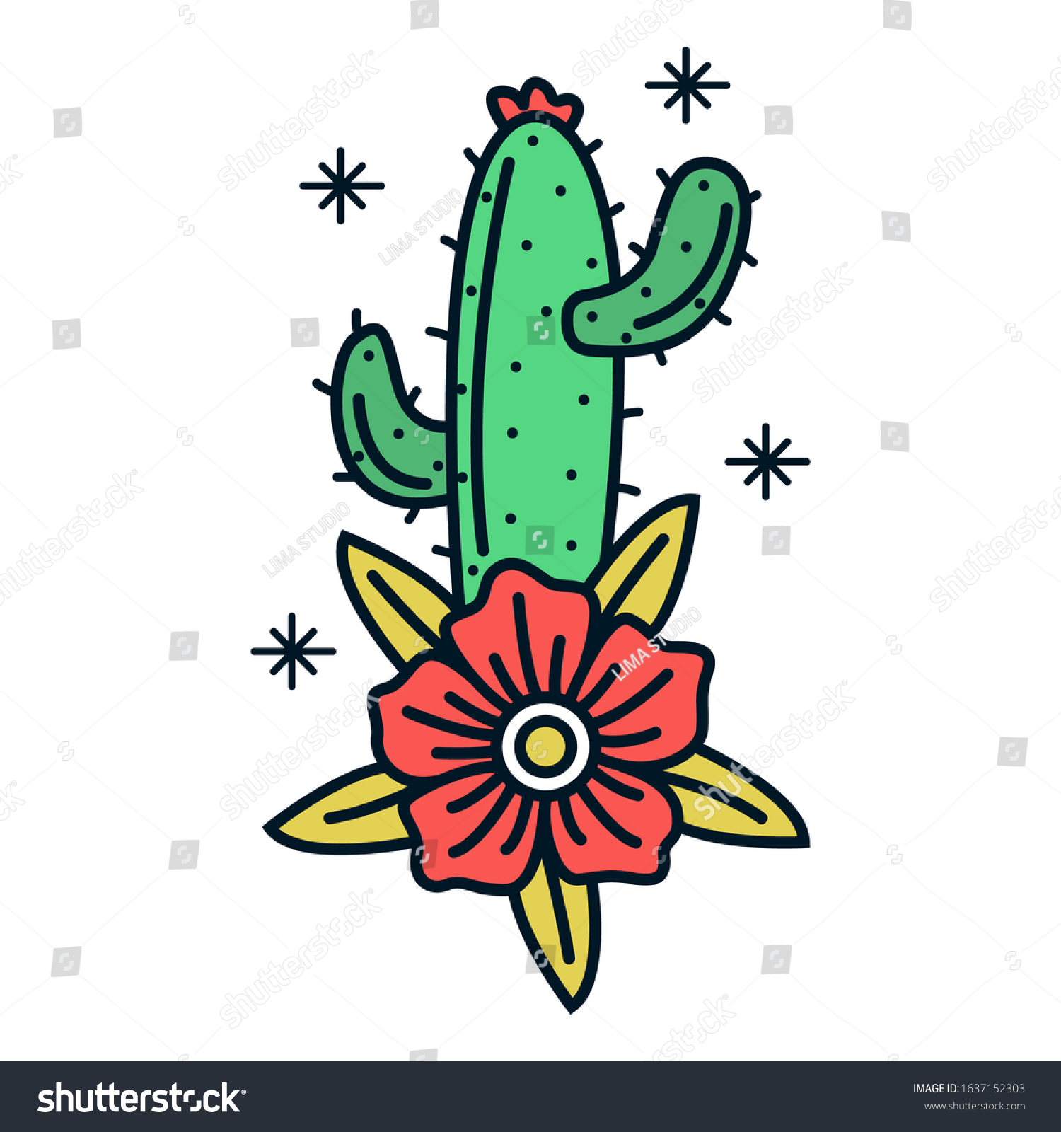 Simple Traditional Cactus Flower Tattoo Designs Stock Vector Royalty Free 1637152303