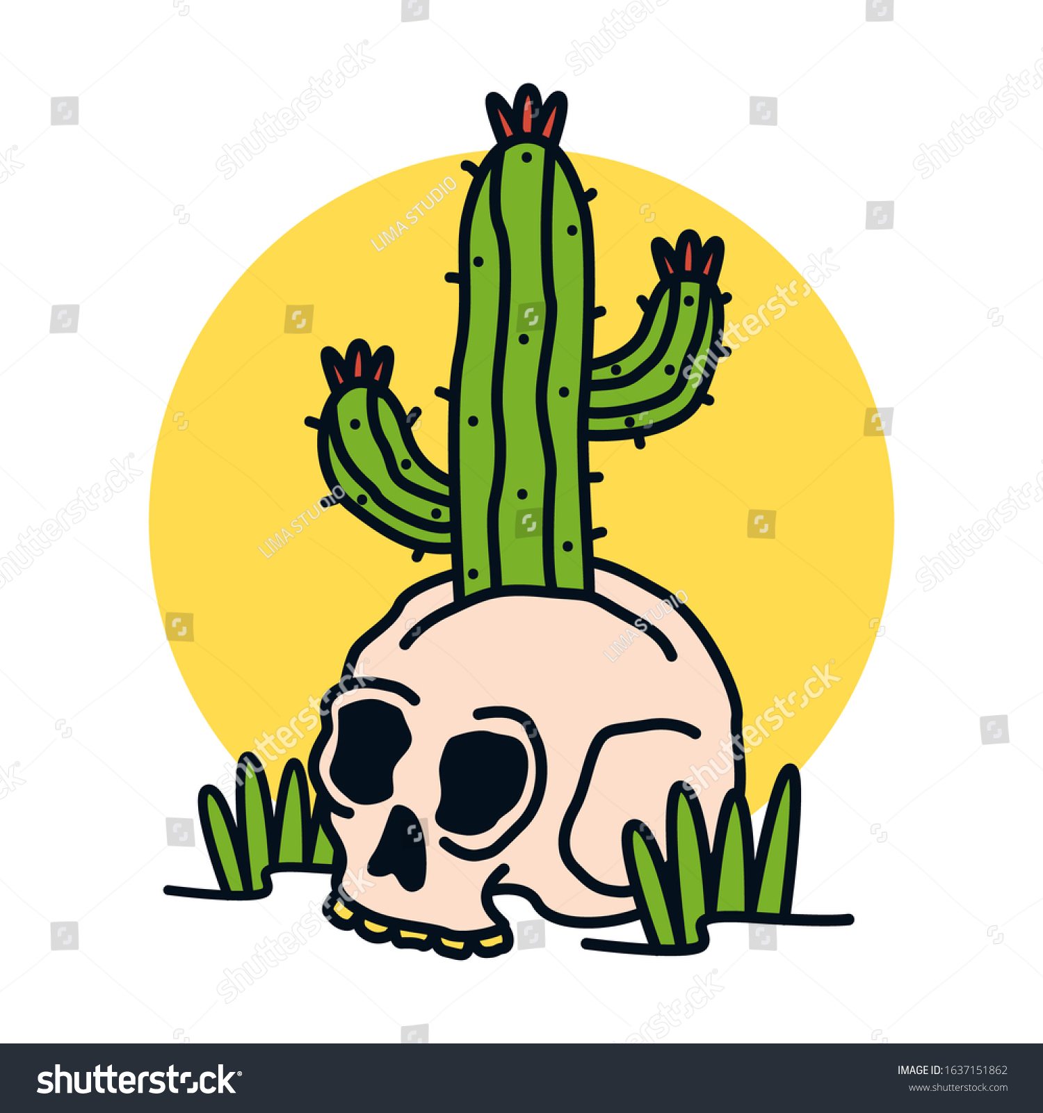 Simple Traditional Cactus Skull Tattoo Designs Stock Vector Royalty Free 1637151862