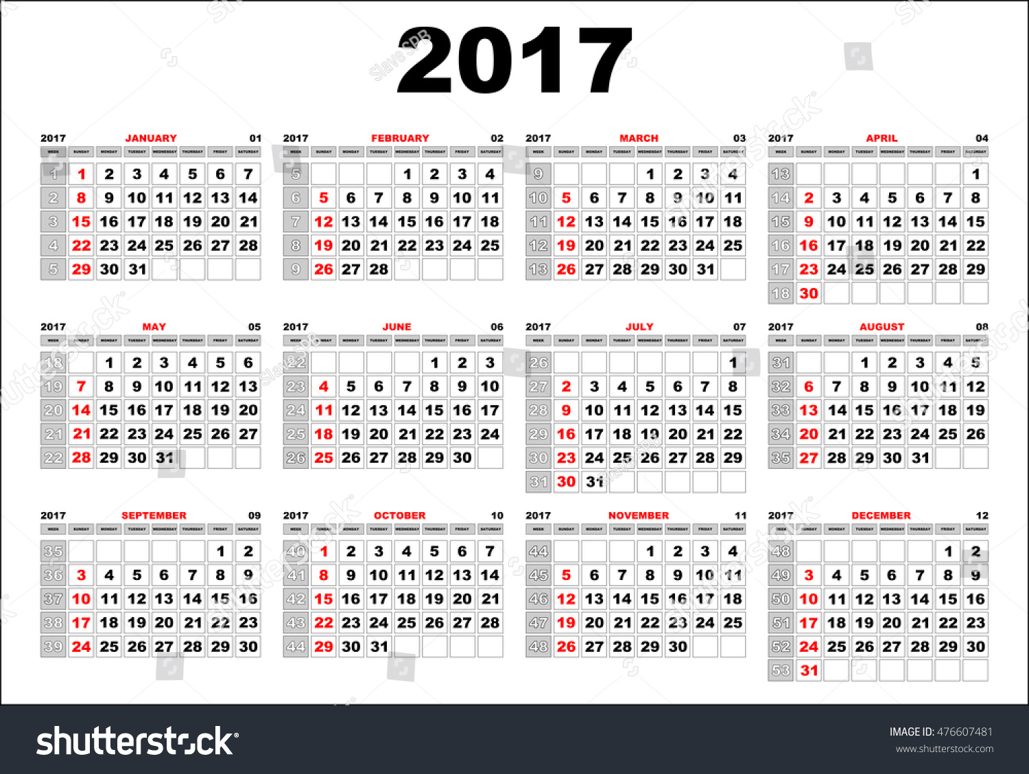 Simple wall calendar 2017 vector template. English language. Week starts on Sunday.
