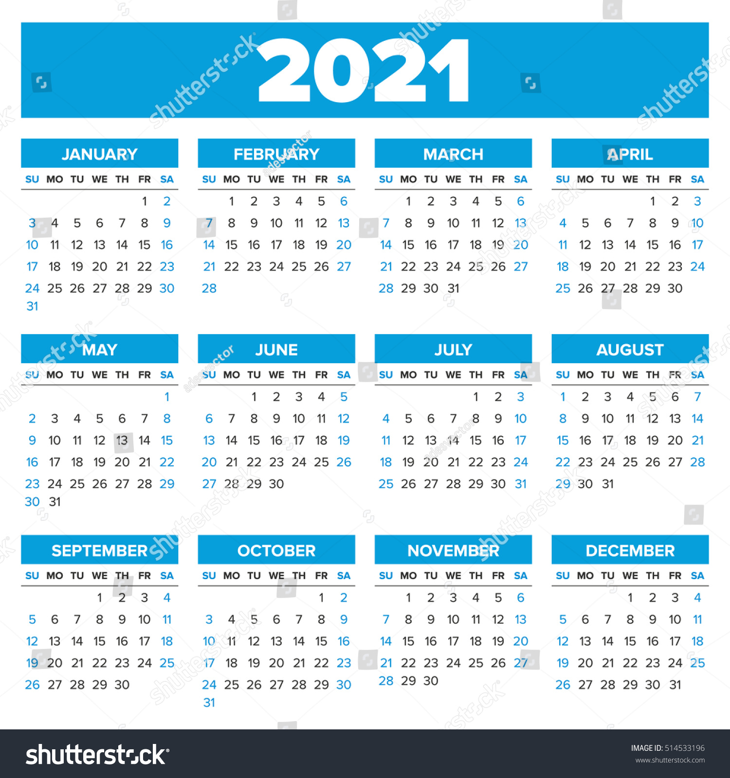 Simple 2021 Year Calendar Week Starts Stock Vector Royalty Free