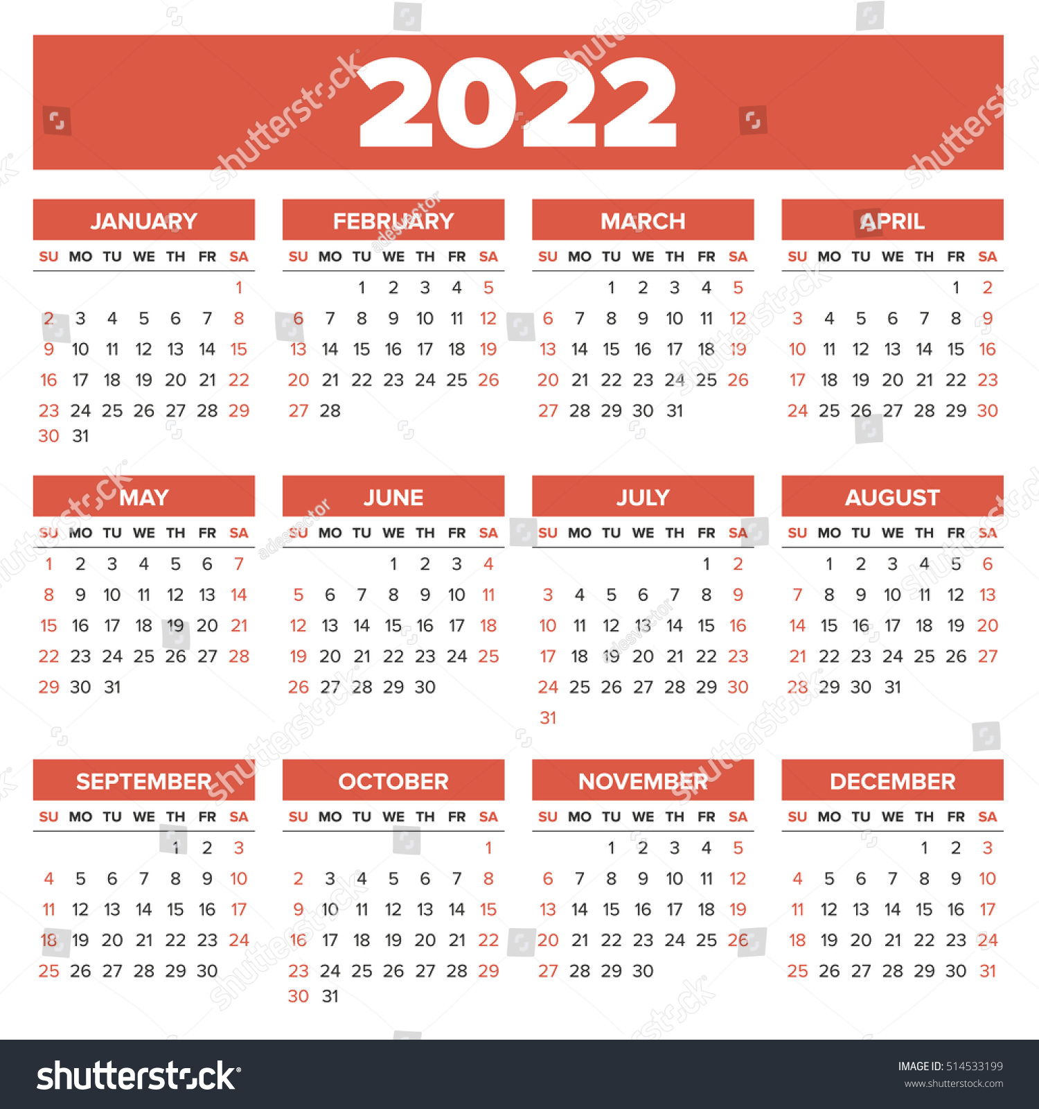 Simple 2022 Year Calendar Week Starts Stock Vector Royalty Free 514533199