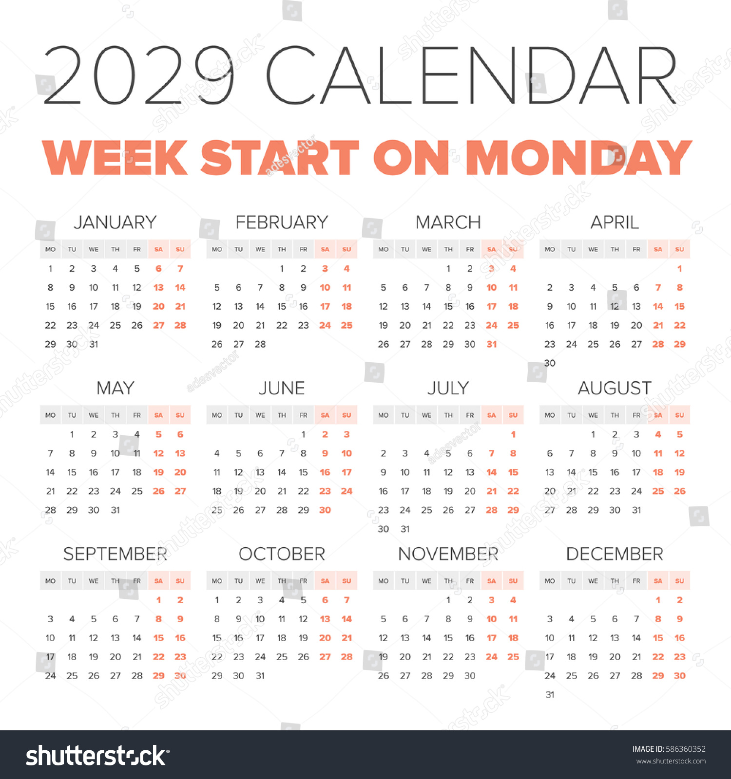 Simple 2029 Year Calendar Week Starts Stock Vector Royalty Free 586360352