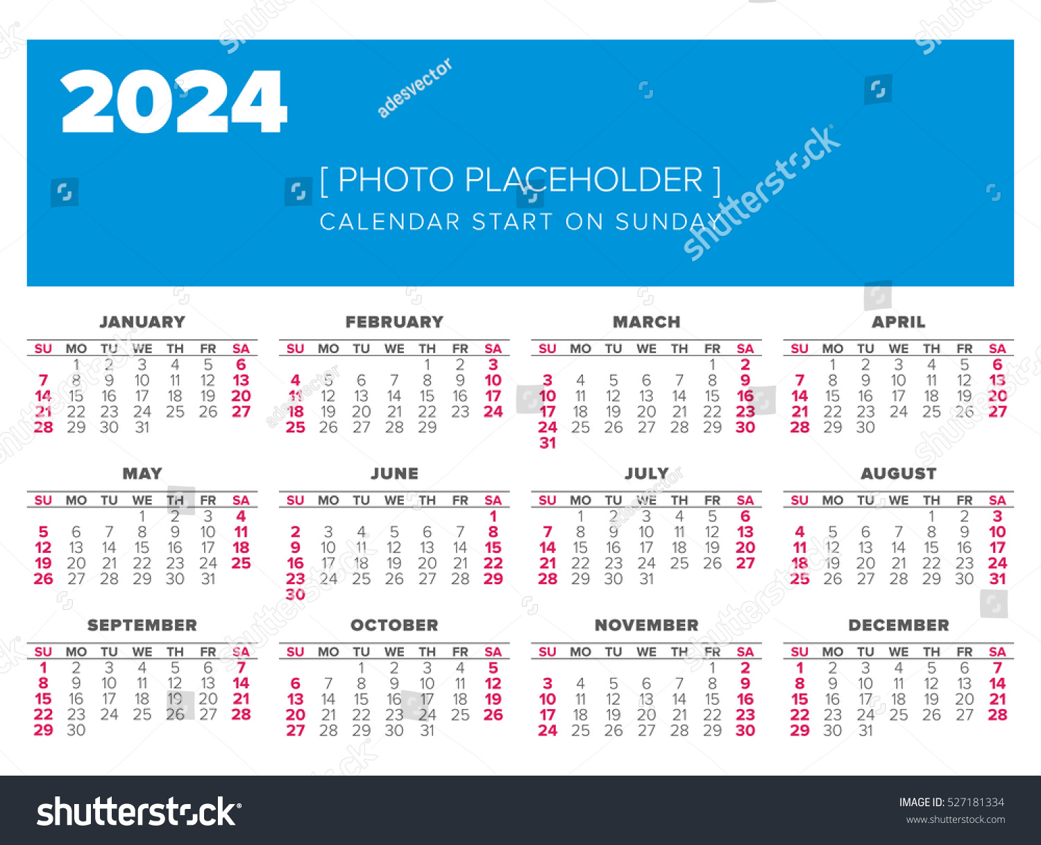 Simple 2024 Year Start On Sunday Stock Vector 527181334 - Shutterstock