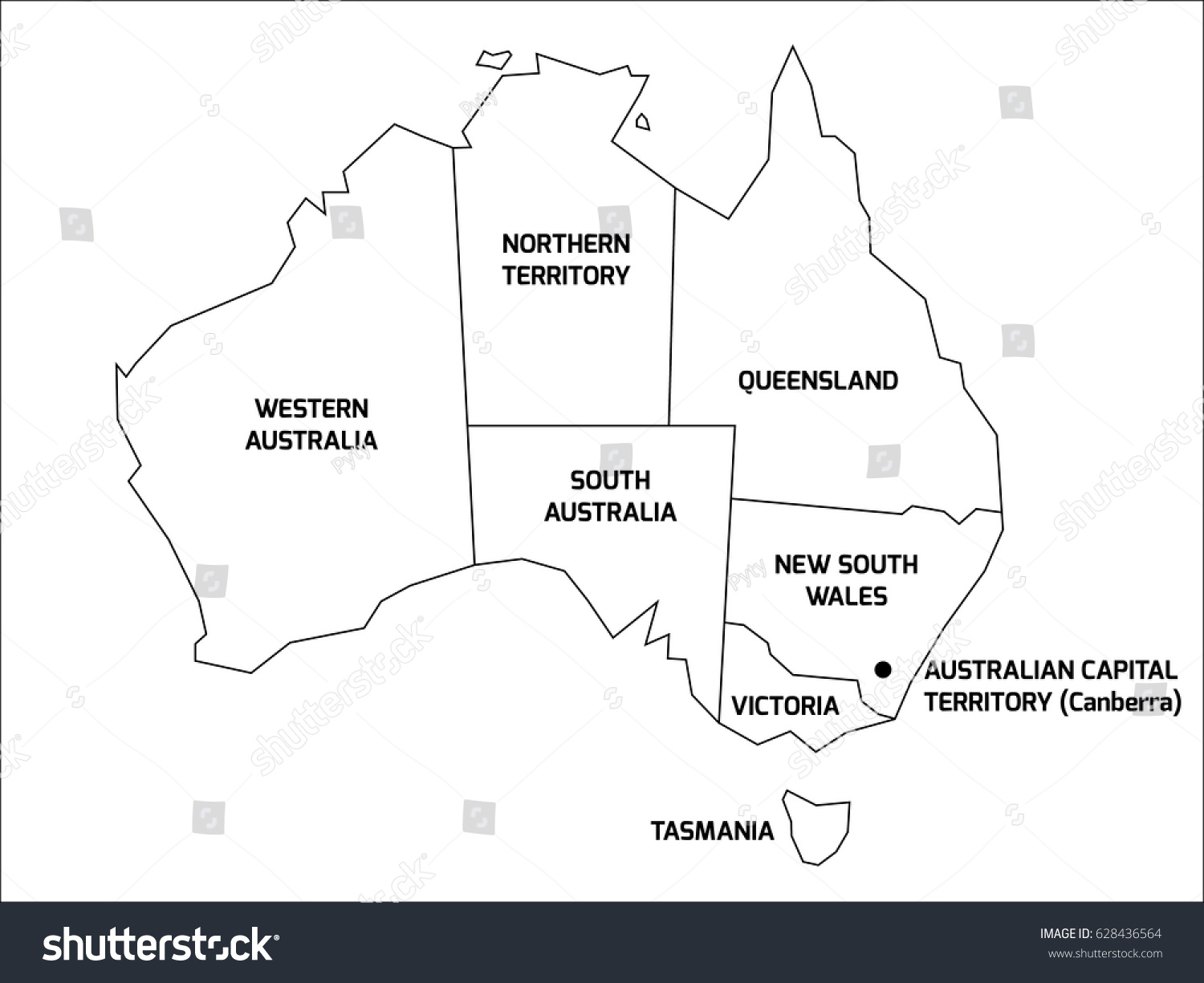 simplified map of australia divided into states and territories black outline map with labels