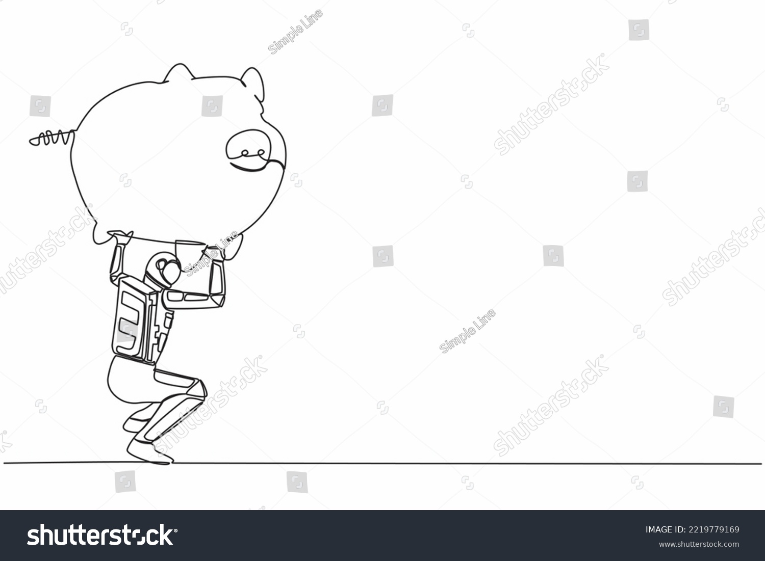 SVG of Single continuous line drawing astronaut carrying heavy piggy bank on his back. Broke and financial problems in space industry. Cosmonaut deep space. One line draw design vector graphic illustration svg