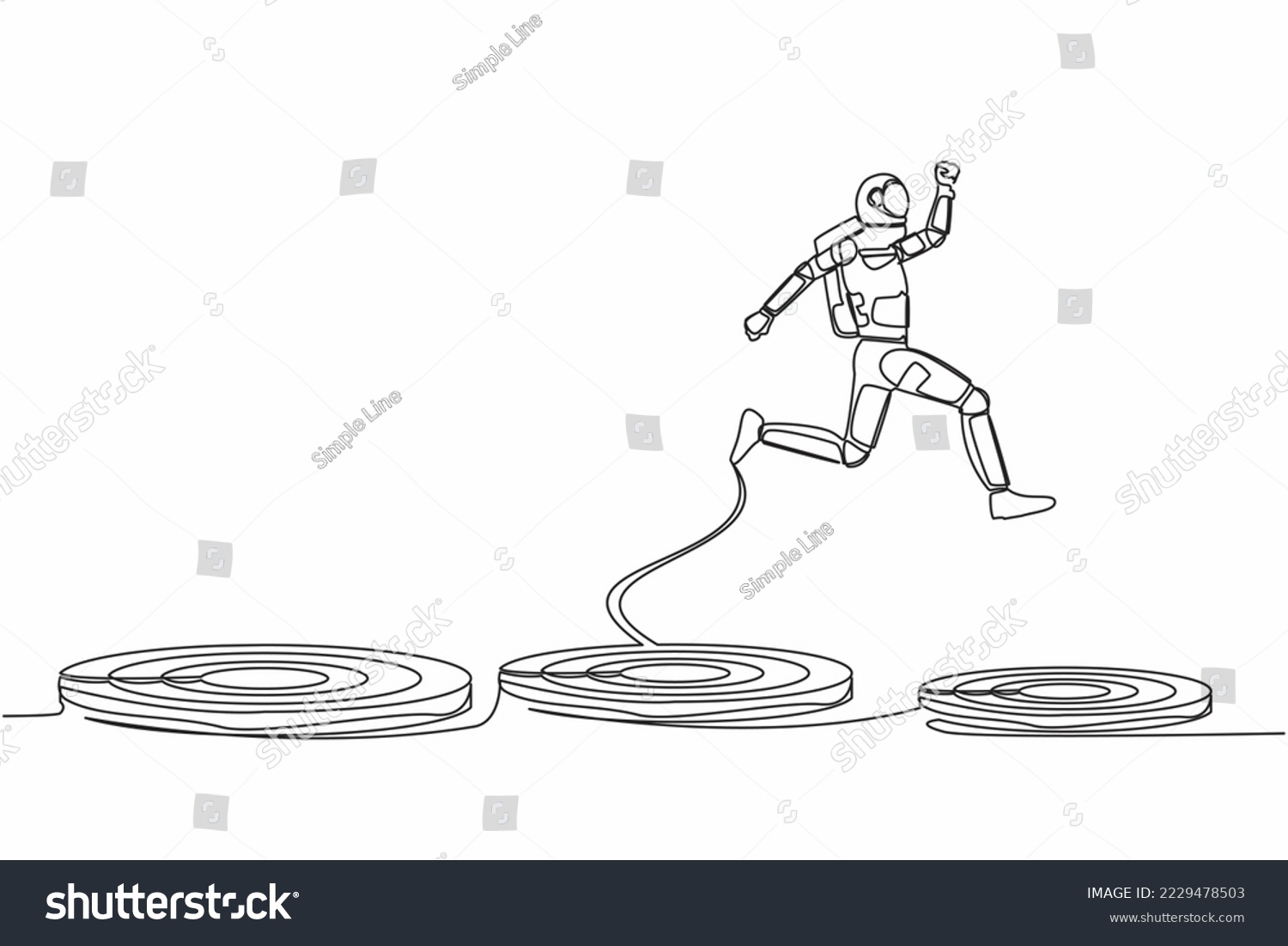 SVG of Single continuous line drawing astronaut jumping on bigger target in moon surface. Advancement and achievement in spaceship industry. Cosmonaut deep space. One line graphic design vector illustration svg