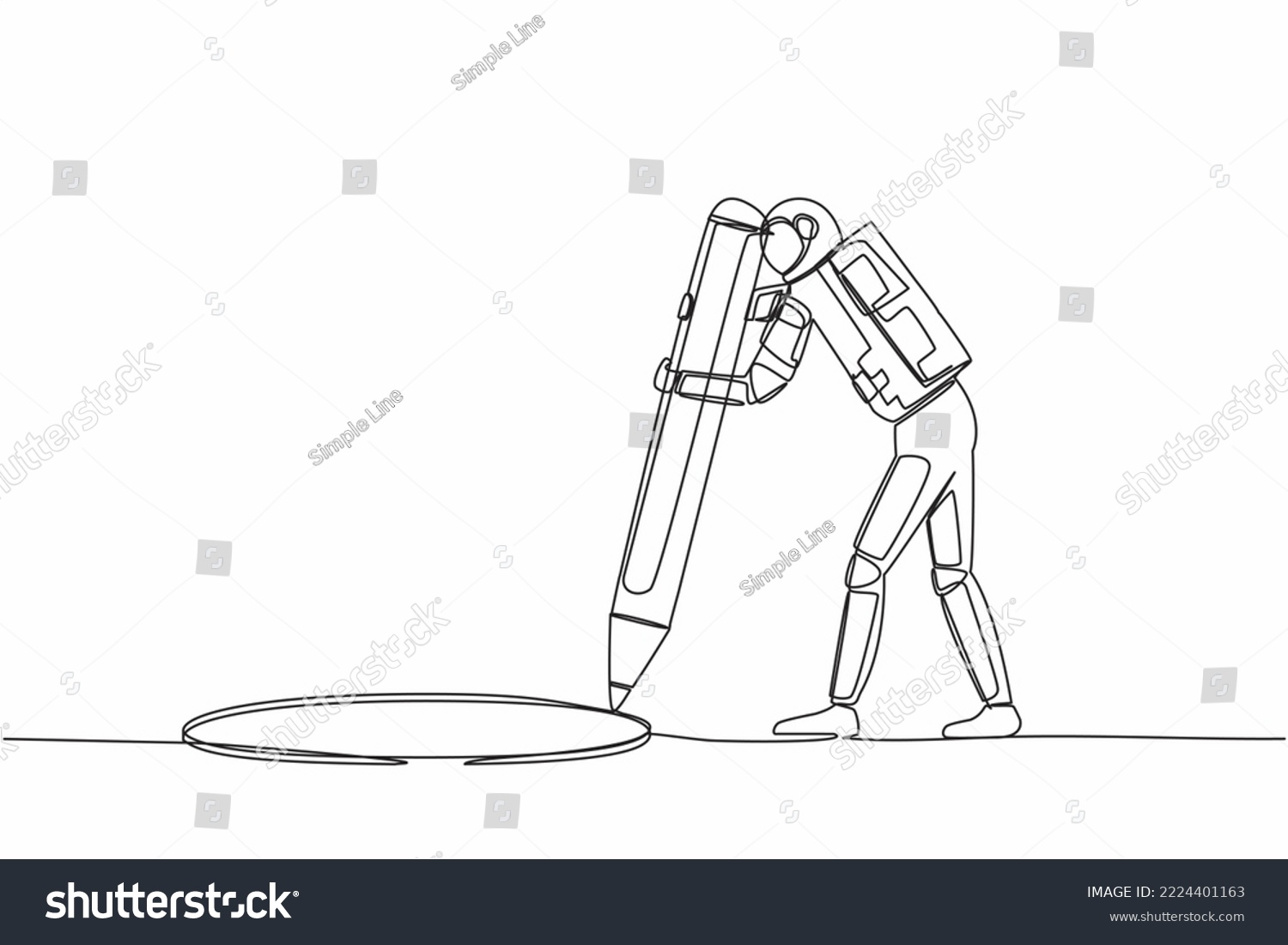 SVG of Single continuous line drawing astronaut making circle of holes with large pencil. Spaceship business cheating with making hole trap. Cosmonaut deep space. One line graphic design vector illustration svg