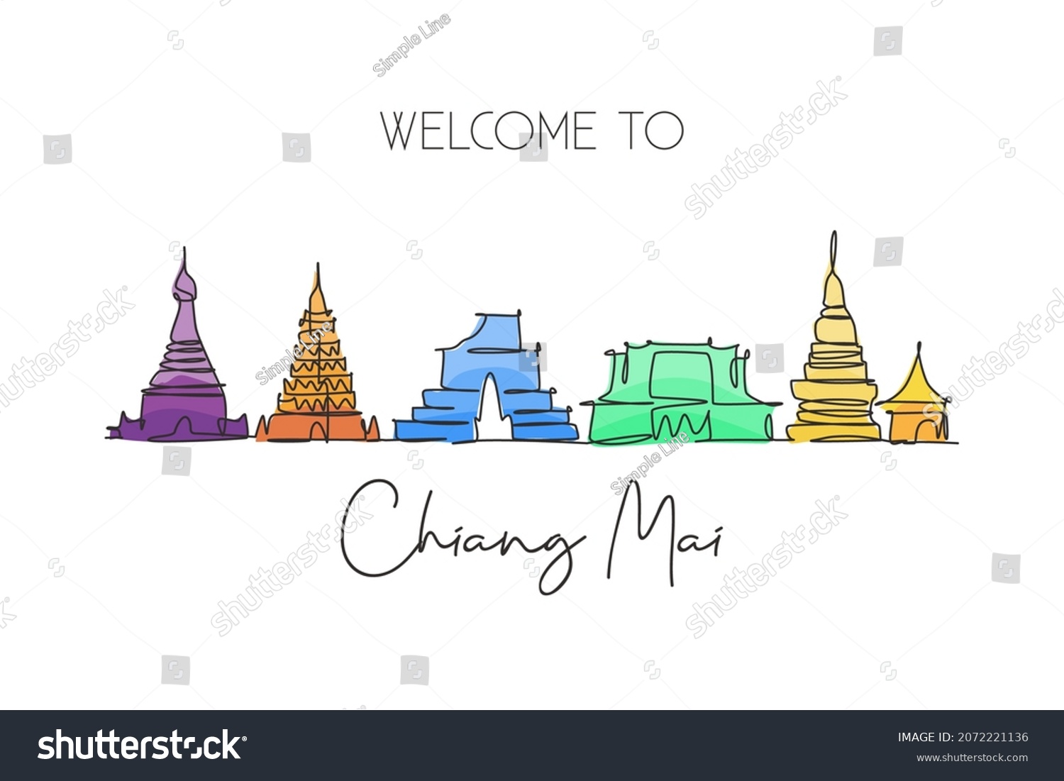 SVG of Single continuous line drawing of Chiang Mai city skyline, Thailand. Famous city landscape. World travel concept home wall decor poster print art. Modern one line draw design vector illustration svg