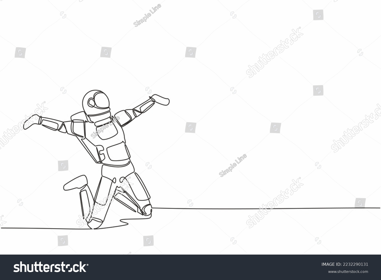 SVG of Single continuous line drawing of happy astronaut jumping with raised legs and spread arms. Celebrate successful in spacewalk project. Cosmonaut deep space. One line graphic design vector illustration svg