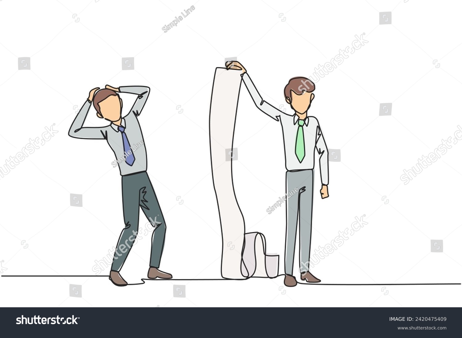 SVG of Single continuous line drawing of shocked businessman is shown the bill by his business partner. Many bills have entered the deadline to be paid right now. Debt. One line design vector illustration svg