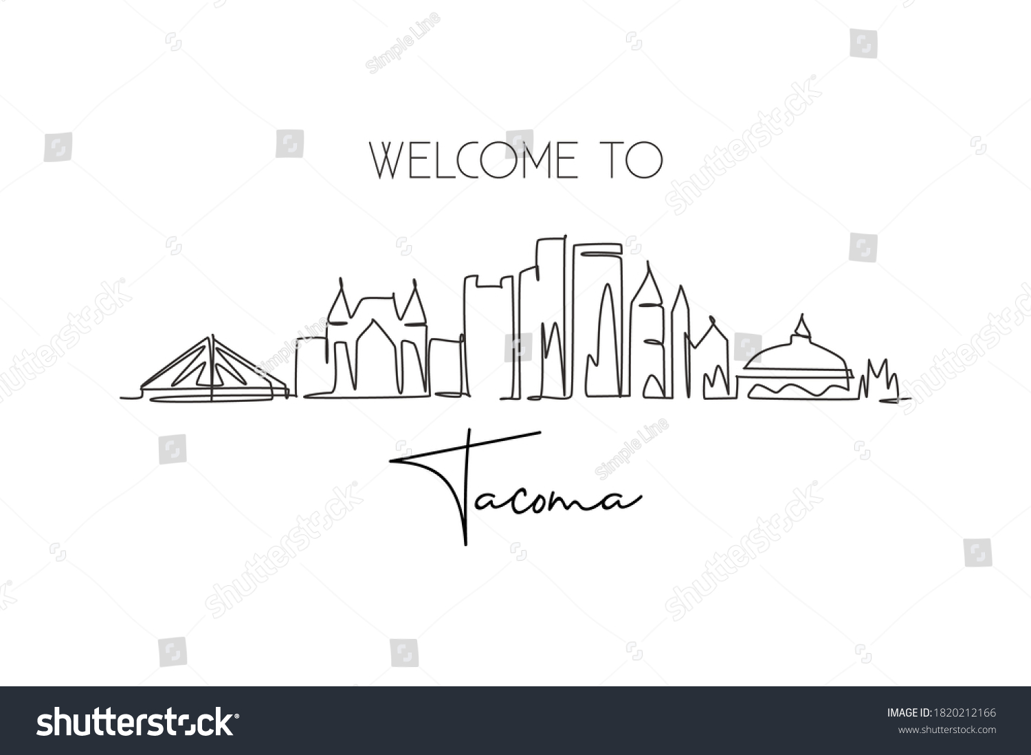 SVG of Single continuous line drawing of Tacoma city skyline, Washington. Famous city scraper landscape. World travel home wall decor art poster print concept. Modern one line draw design vector illustration svg