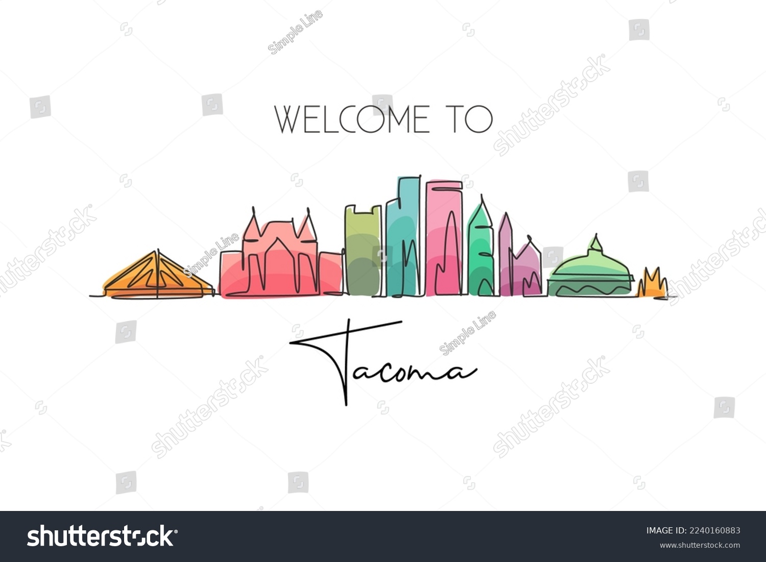 SVG of Single continuous line drawing of Tacoma city skyline, Washington. Famous city scraper landscape. World travel home wall decor art poster print concept. Modern one line draw design vector illustration svg