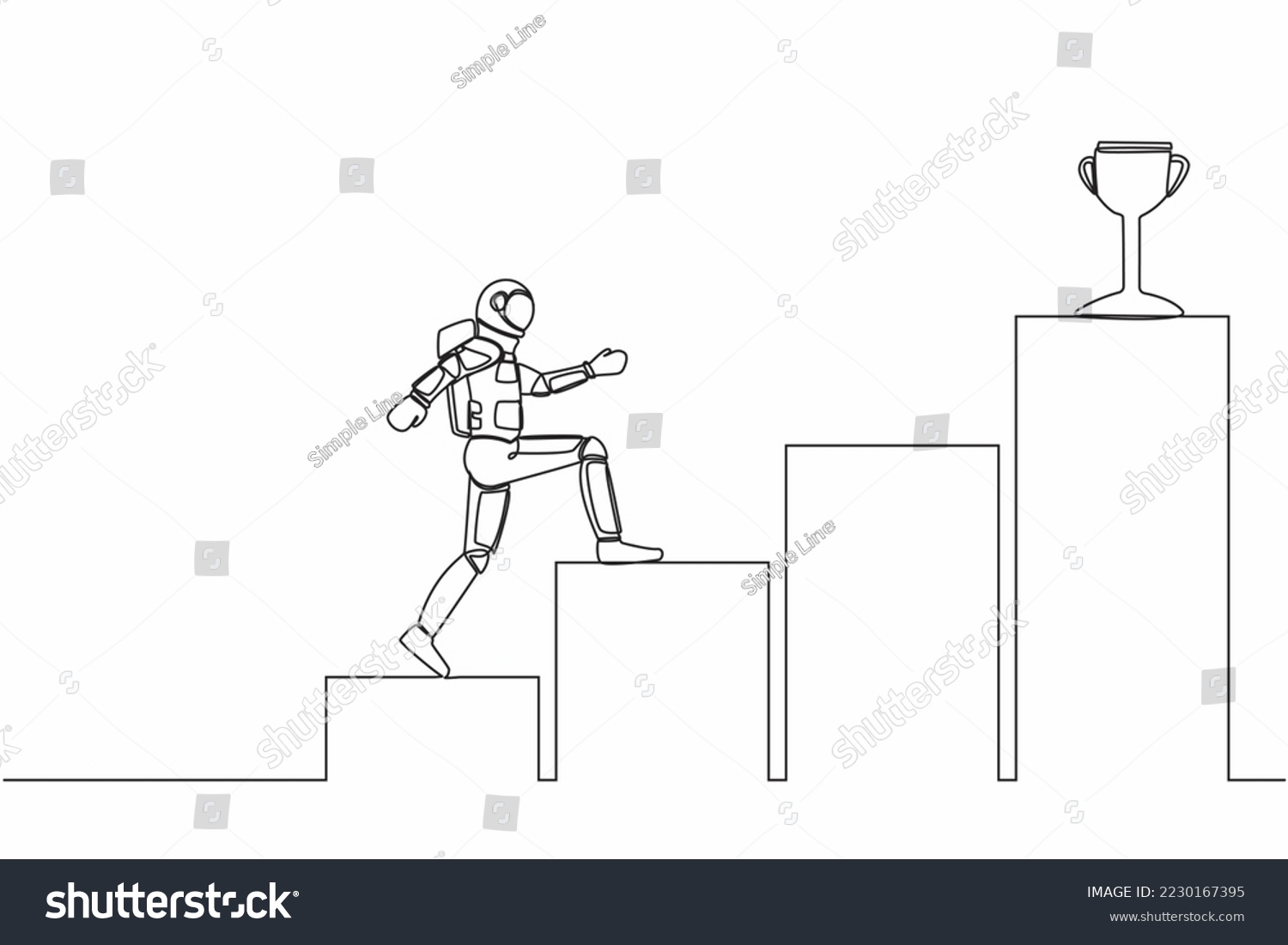 SVG of Single continuous line drawing of young astronaut run on graph staircase to get trophy. Way to achieve goal in spaceship exploration. Cosmonaut deep space. One line graphic design vector illustration svg