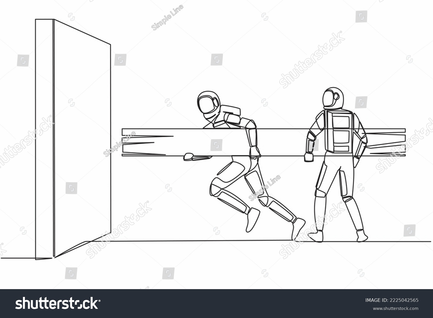 SVG of Single continuous line drawing two astronaut holding large log together to destroying wall. Teamwork in space technology development. Cosmonaut deep space. One line graphic design vector illustration svg