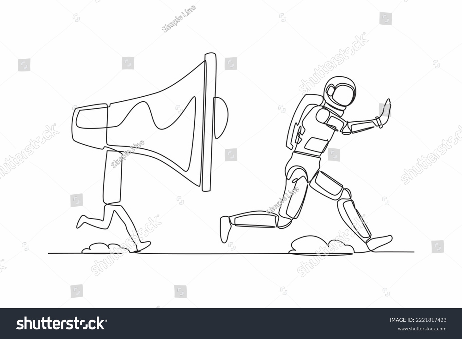SVG of Single continuous line drawing young astronaut being chased by megaphone. Spaceman in loud screaming for mass communication in universe. Cosmonaut deep space. One line draw design vector illustration svg