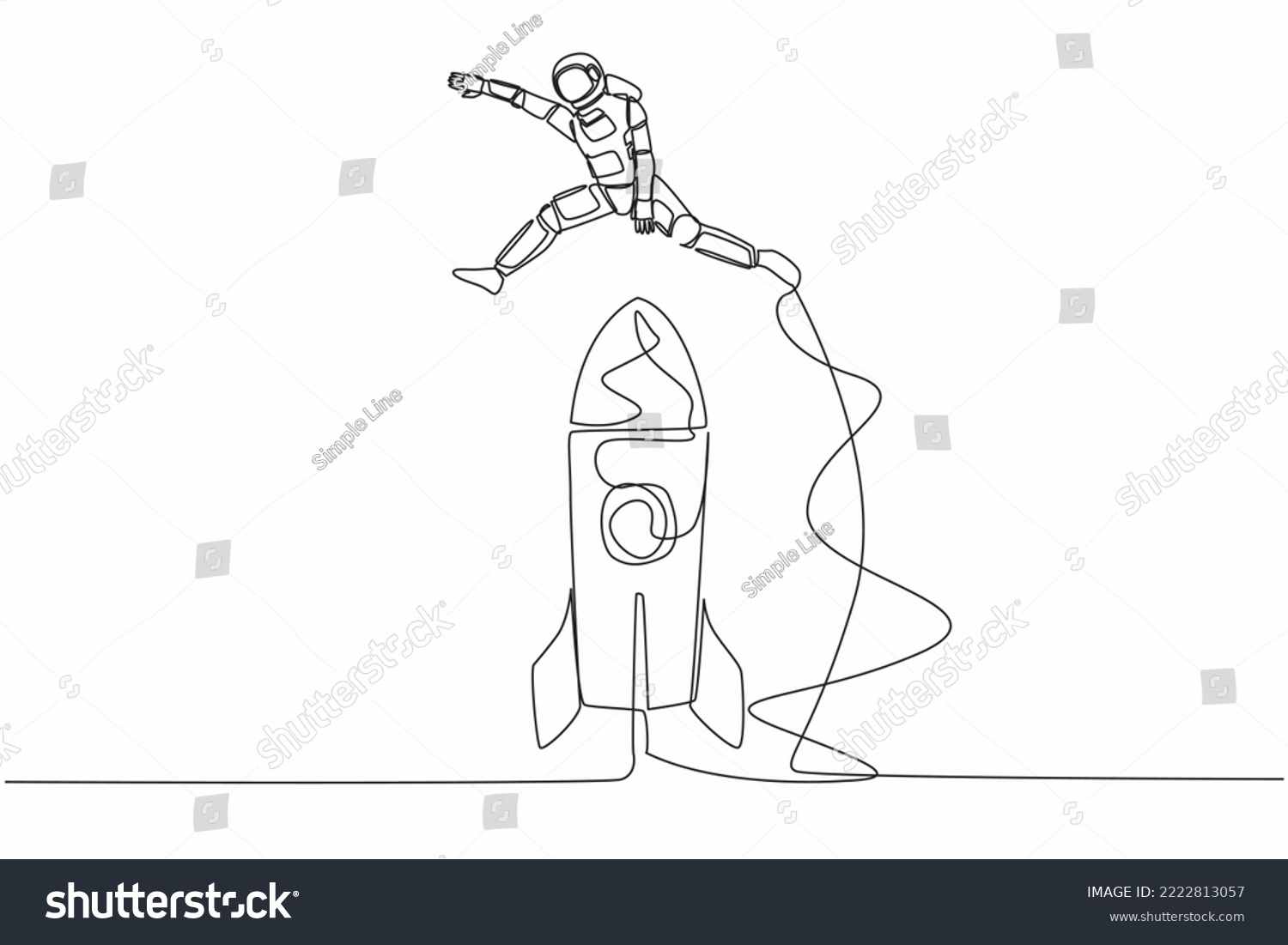 SVG of Single continuous line drawing young astronaut jumping over big spacecraft rocket. Successful galactic expedition launch preparation. Cosmonaut deep space. One line graphic design vector illustration svg