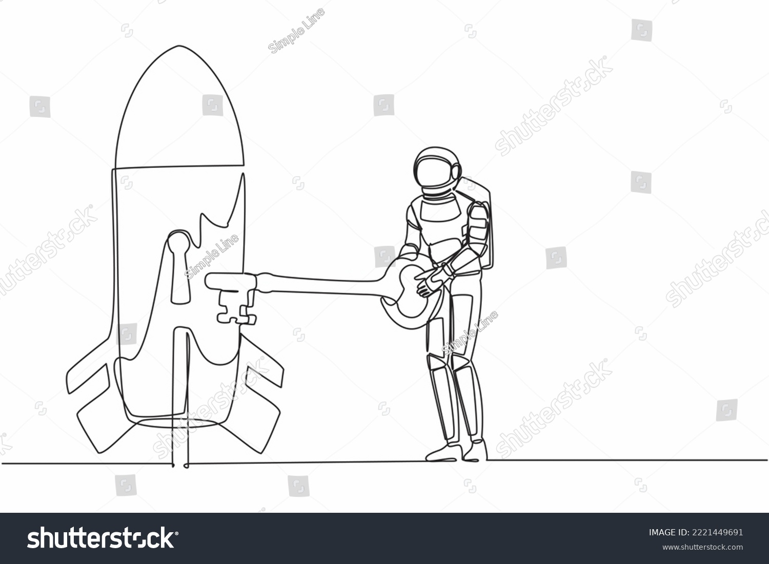 SVG of Single continuous line drawing young astronaut putting key into rocket. Launching satellite or spaceship galactic expedition. Cosmonaut deep space concept. One line design vector graphic illustration svg
