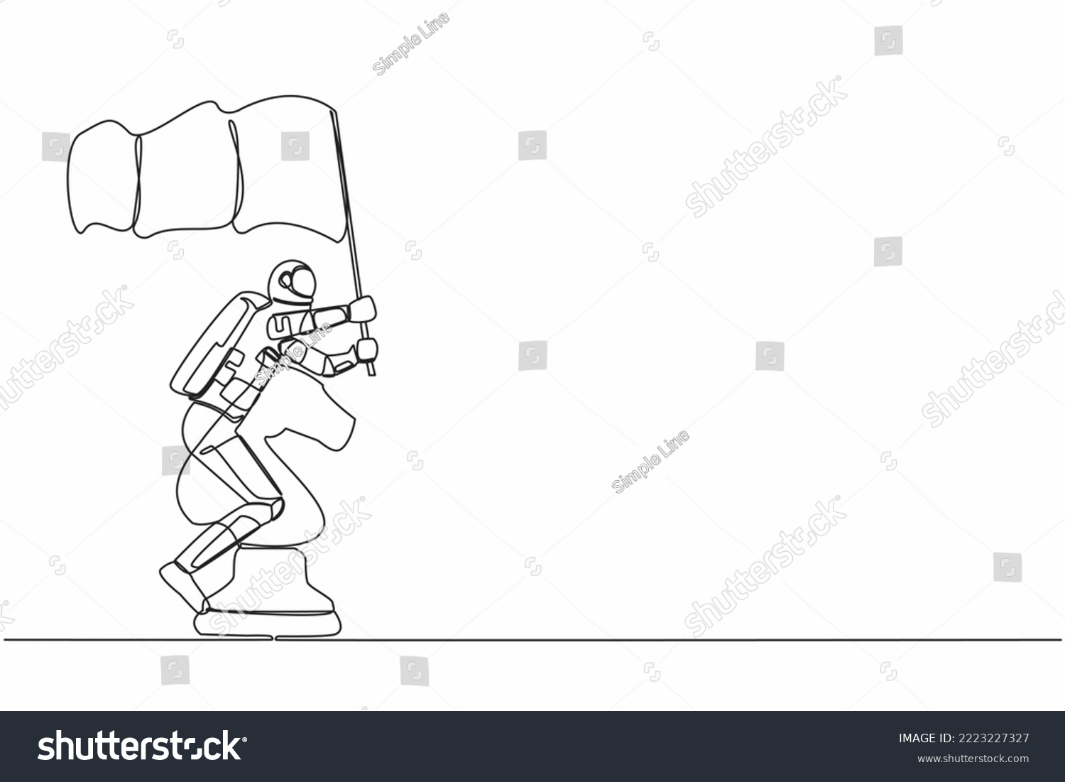 SVG of Single continuous line drawing young astronaut riding big chess horse knight piece and holding flag. Battle in space war interstellar. Cosmonaut deep space. One line graphic design vector illustration svg
