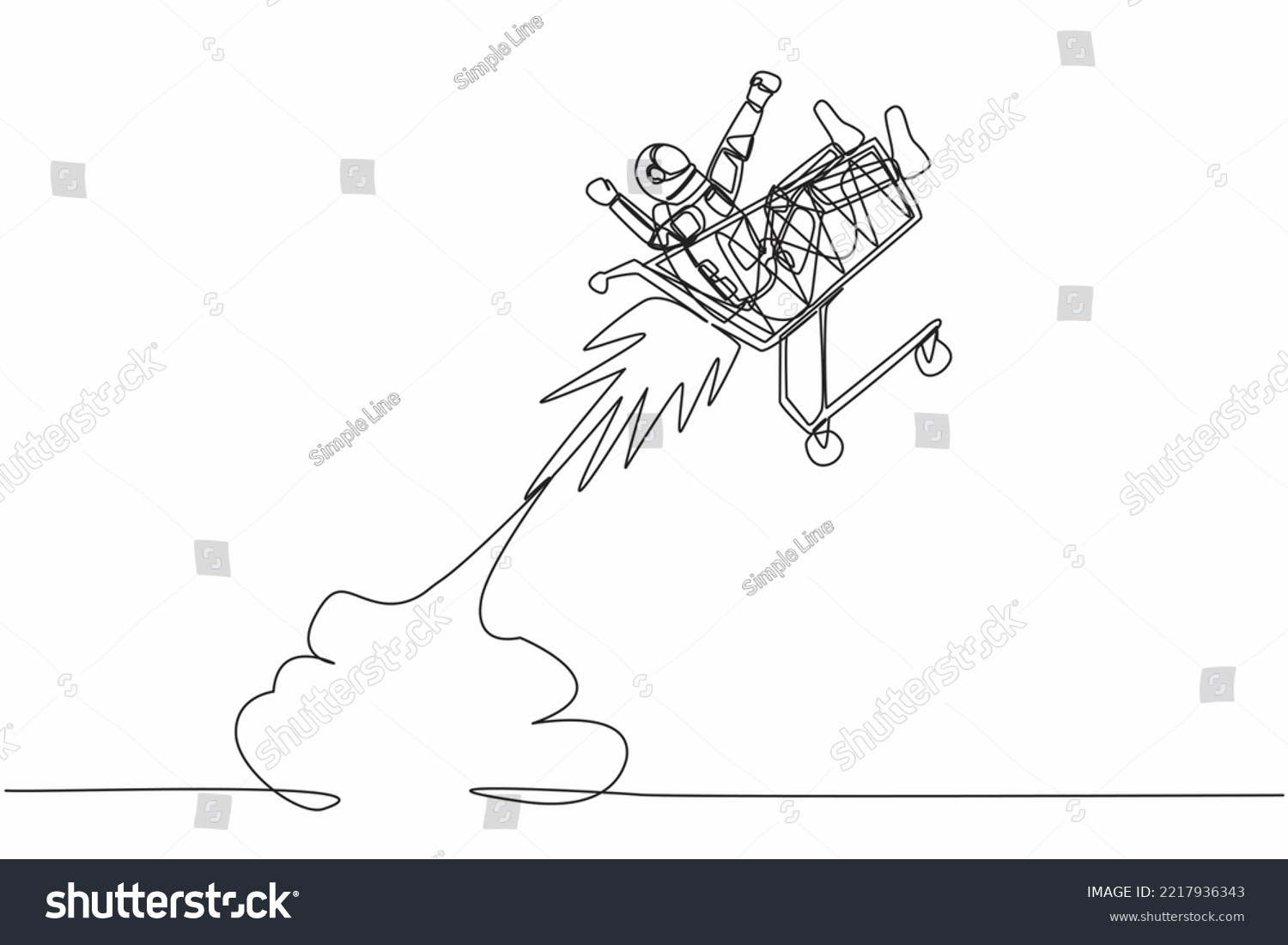 SVG of Single continuous line drawing young astronaut riding shopping trolley rocket flying in moon surface. Shop necessities for space exploration. Cosmonaut deep space. One line design vector illustration svg
