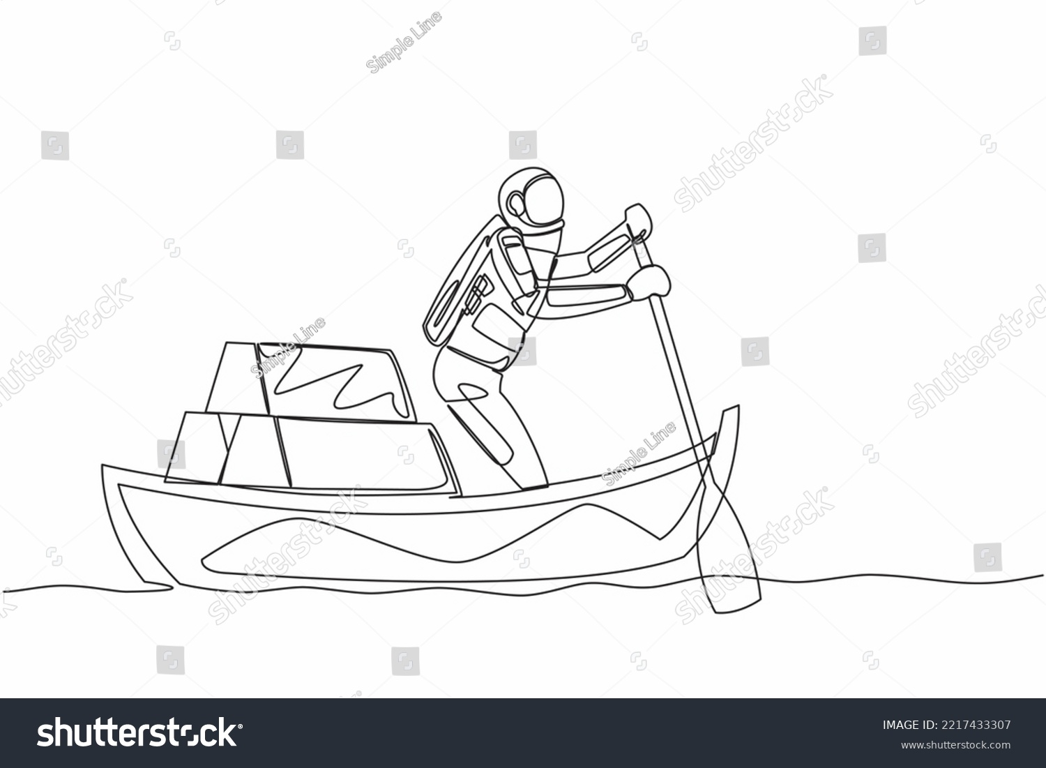 SVG of Single continuous line drawing young astronaut sailing away on boat with stack of golden bullion. Gold investment for inter galactic mission. Cosmonaut deep space. One line design vector illustration svg