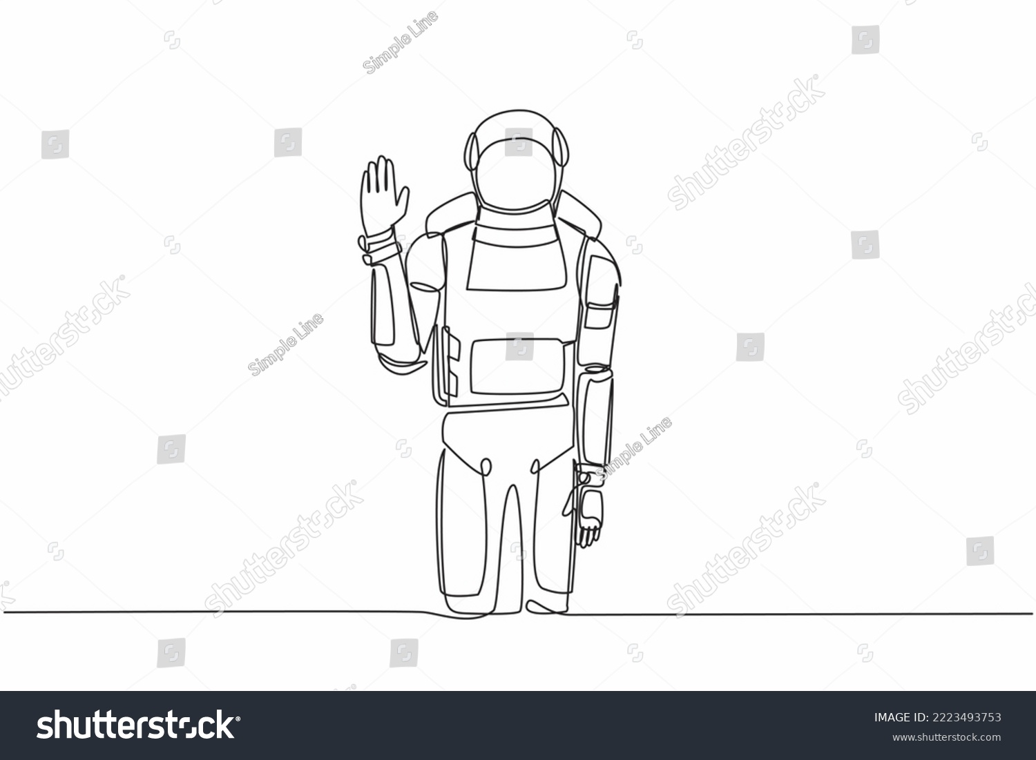 SVG of Single continuous line drawing young astronaut standing with palm as stop signal, stay, hold, rejection gesture. Cosmonaut deep space concept. Dynamic one line draw graphic design vector illustration svg