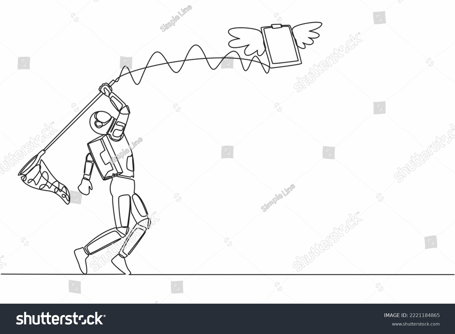 SVG of Single continuous line drawing young astronaut try to catching flying clipboard with butterfly net. Space exploration checklist document. Cosmonaut deep space. One line draw design vector illustration svg