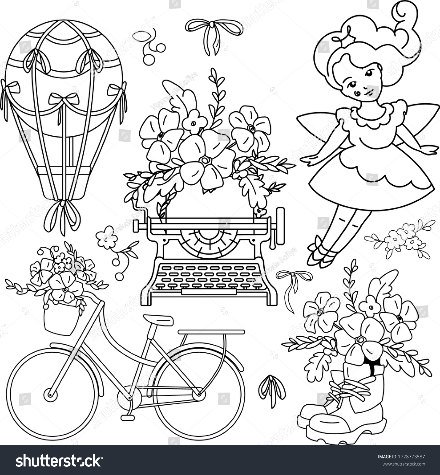 SVG of Single line, outline illustration, sketch. Isolated elements: enchantress princess, typewriter, air hot balloon, on white background, boots,  flowers. Used for engraving, embossing, coloring page svg