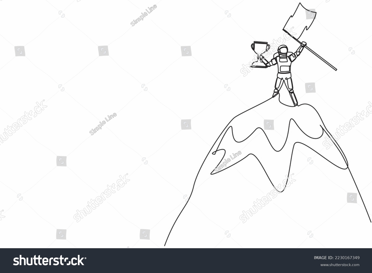 SVG of Single one line drawing astronaut lifting up trophy and flag on top of mountain. Win and reach goal in spaceship industry. Cosmic galaxy space. Continuous line draw graphic design vector illustration svg