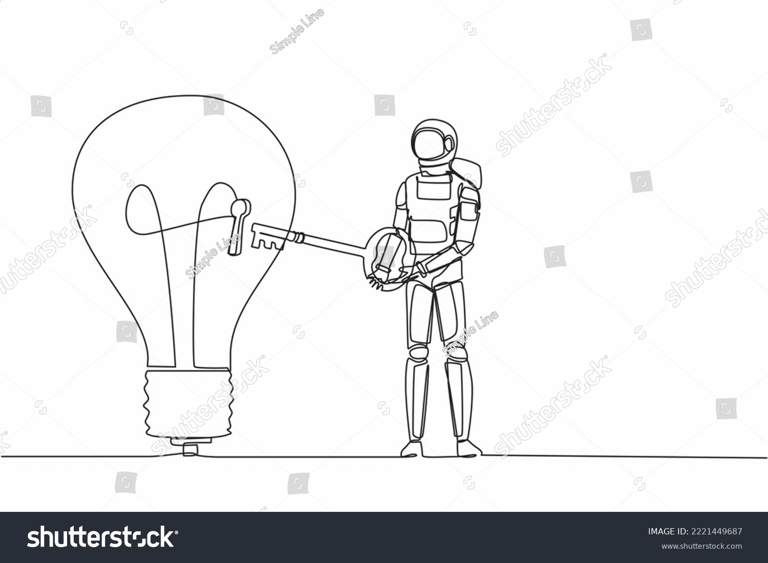 SVG of Single one line drawing astronaut put big key into light bulb. Unlock innovation on spaceship business idea. Future technology. Cosmic galaxy space. Continuous line graphic design vector illustration svg