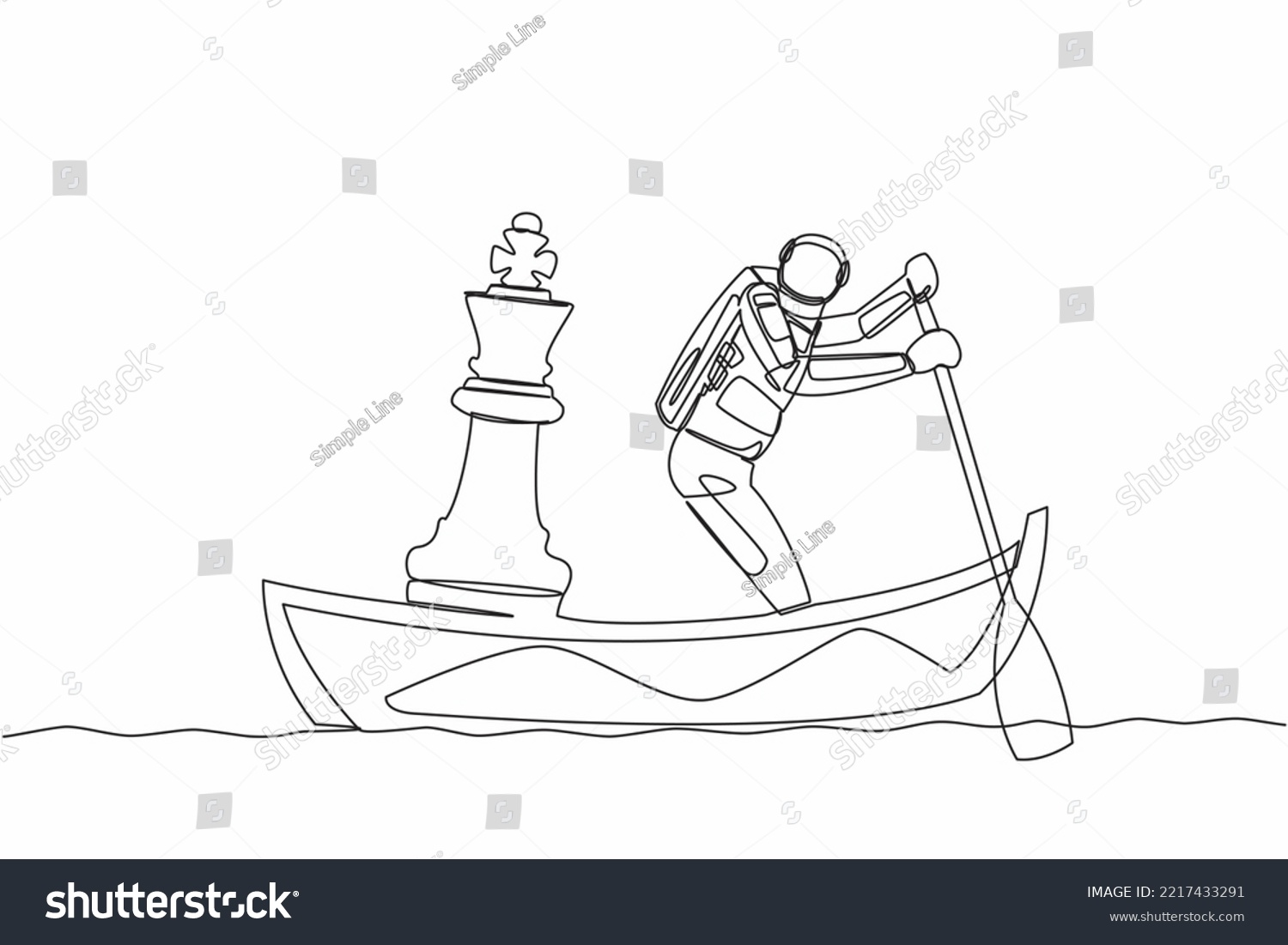 SVG of Single one line drawing astronaut sailing away on boat with chess king piece. Strategic move to plan space shuttle flight mission. Cosmic galaxy space. Continuous line draw design vector illustration svg