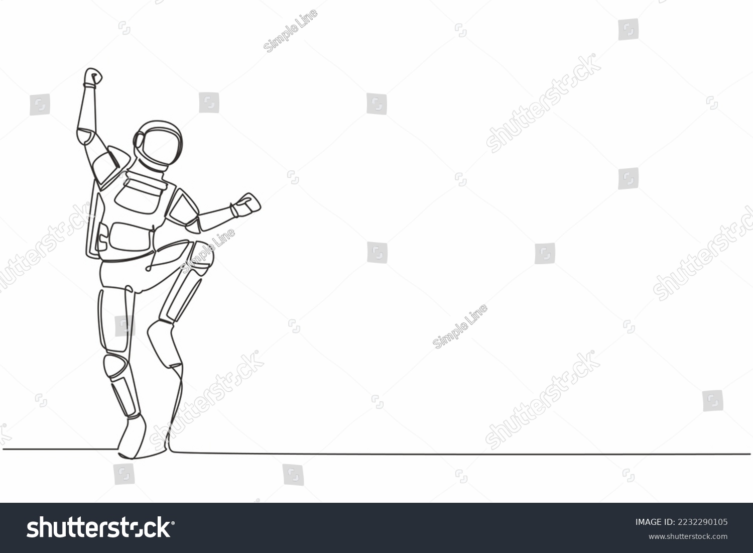 SVG of Single one line drawing of happy astronaut jump with folds one leg and raises one hand. Winning spaceship business project. Cosmic galaxy space. Continuous line draw graphic design vector illustration svg
