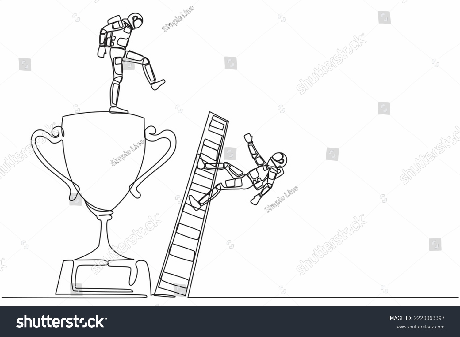 SVG of Single one line drawing of young astronaut kicking to make his rival falling down from the top ladder trophy of success in moon surface. Cosmic galaxy space. Continuous line design vector illustration svg