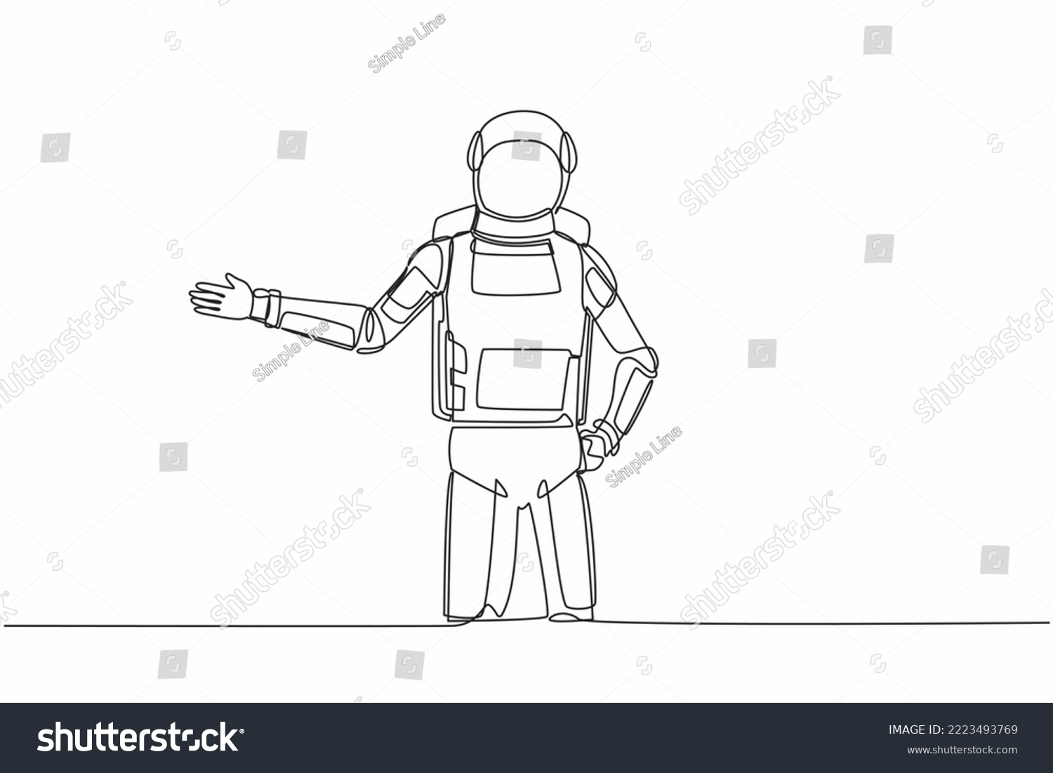 SVG of Single one line drawing of young astronaut standing with showing something or presenting project in moon surface. Cosmic galaxy space concept. Modern continuous line graphic design vector illustration svg