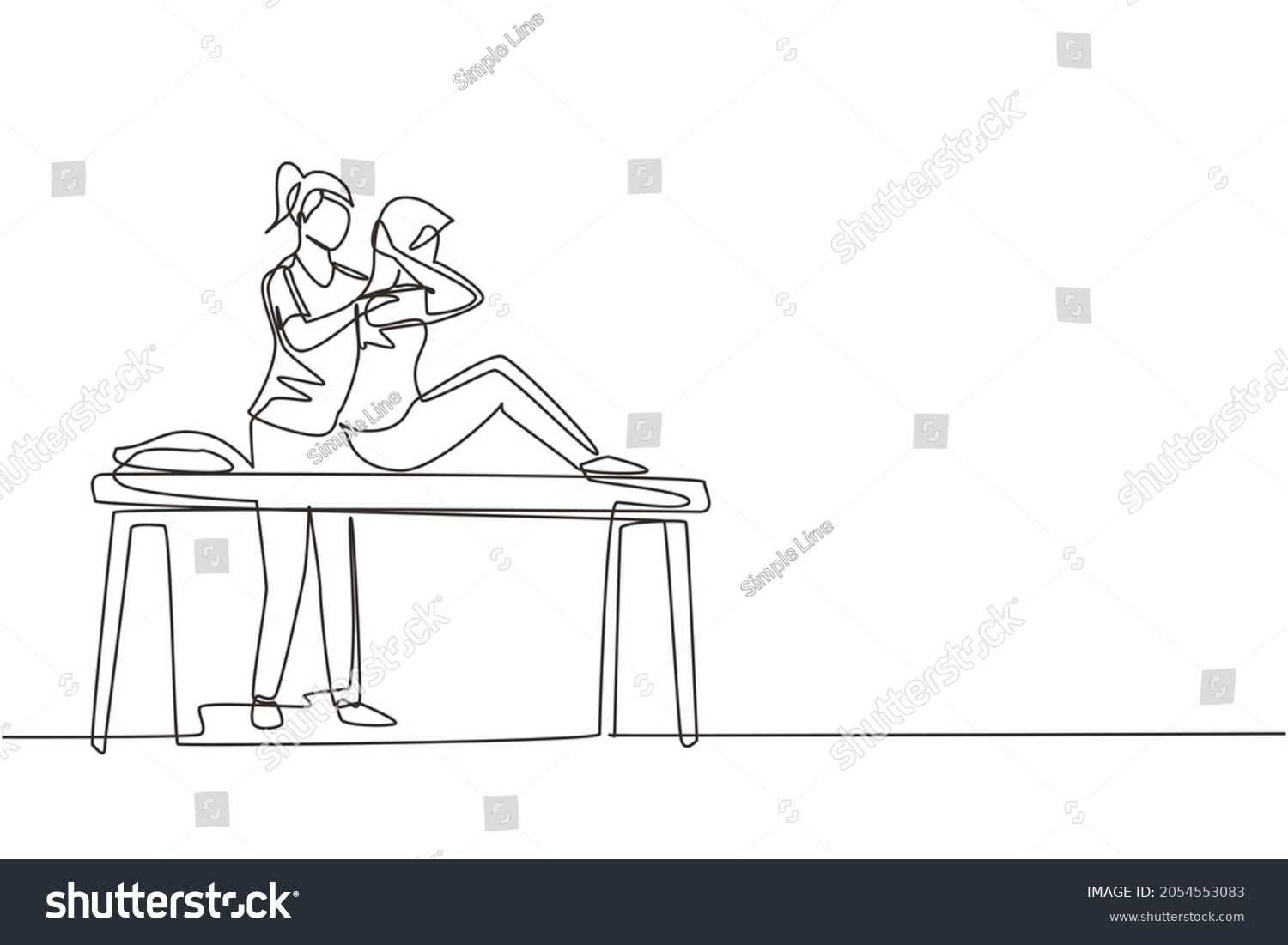 SVG of Single one line drawing woman sitting on massage table masseur doing healing treatment massaging injured patient manual physical therapy rehabilitation. Continuous line draw design vector illustration svg
