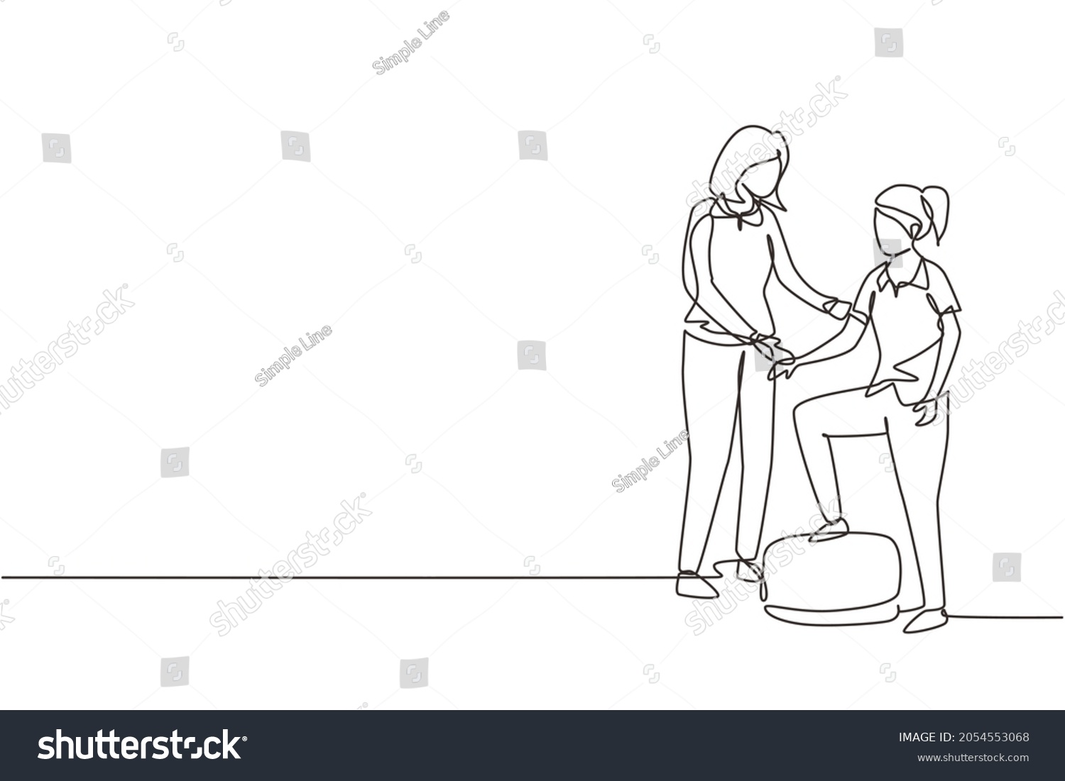 SVG of Single one line drawing woman therapist helping young female patient stepping up the stairs, medical rehabilitation, physical therapy activity. Continuous line draw design graphic vector illustration svg