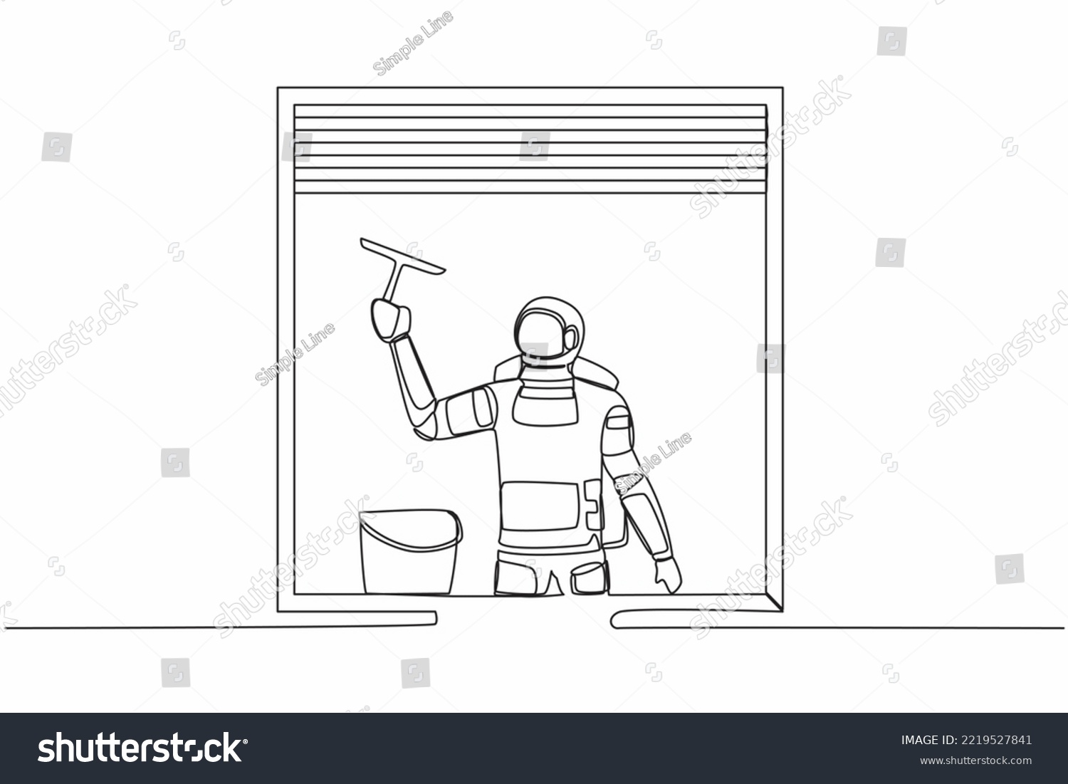 SVG of Single one line drawing young astronaut cleaning windows with bucket, glass cleaner tools in moon surface. Cosmic galaxy space concept. Modern continuous line draw design graphic vector illustration svg