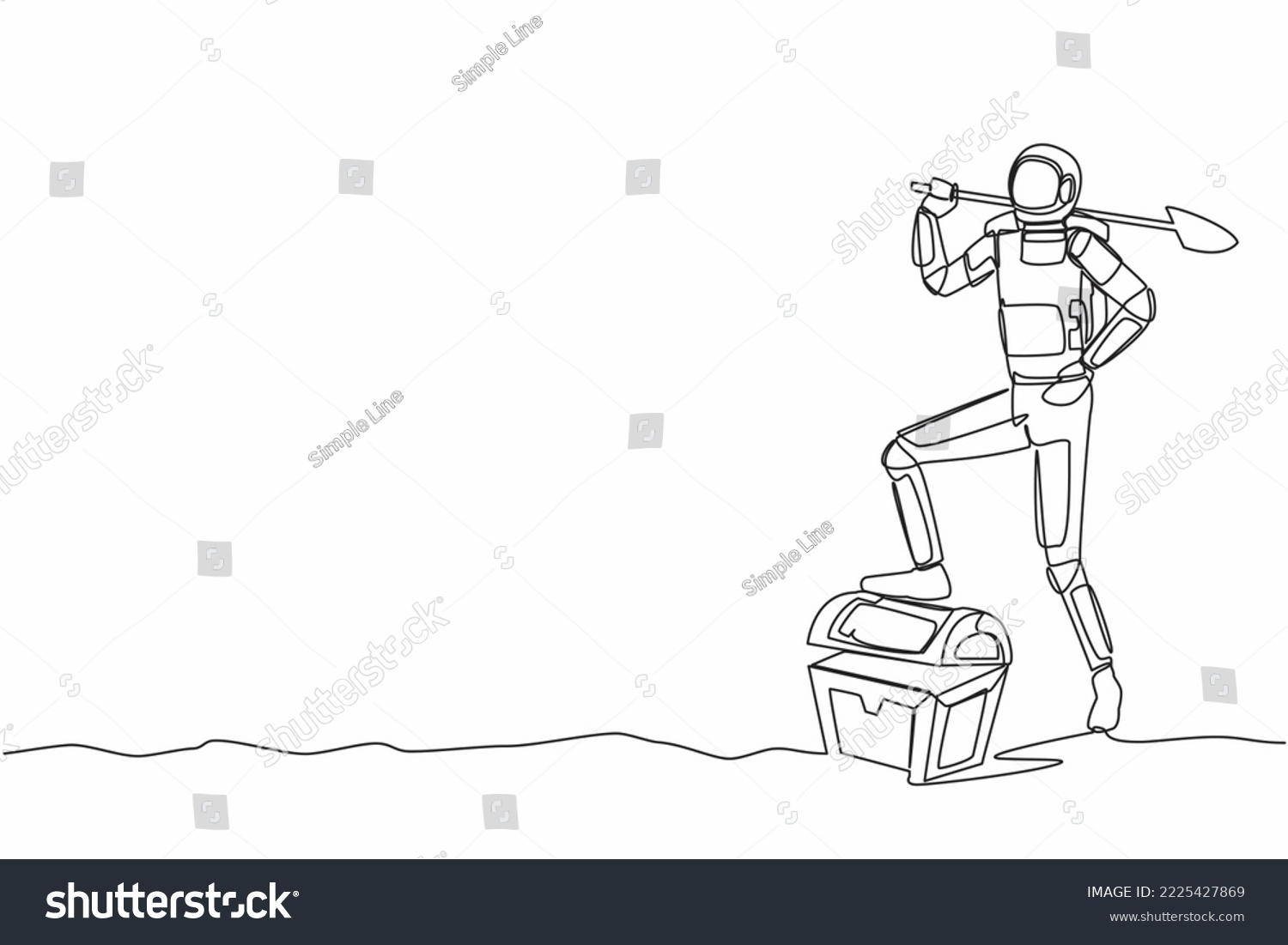 SVG of Single one line drawing young astronaut digging ground with shovel and step on treasure chest. Success achievement in interstellar discovery. Cosmic galaxy space. Continuous line graphic design vector svg