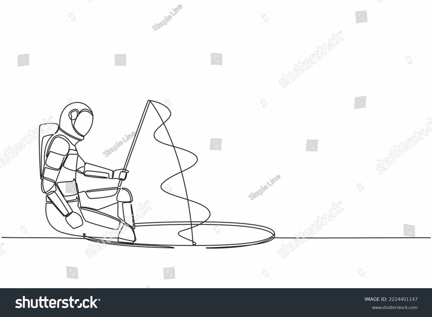 SVG of Single one line drawing young astronaut holding fishing rod from hole. Space business investment. Make money from idea. Cosmic galaxy space concept. Continuous line graphic design vector illustration svg