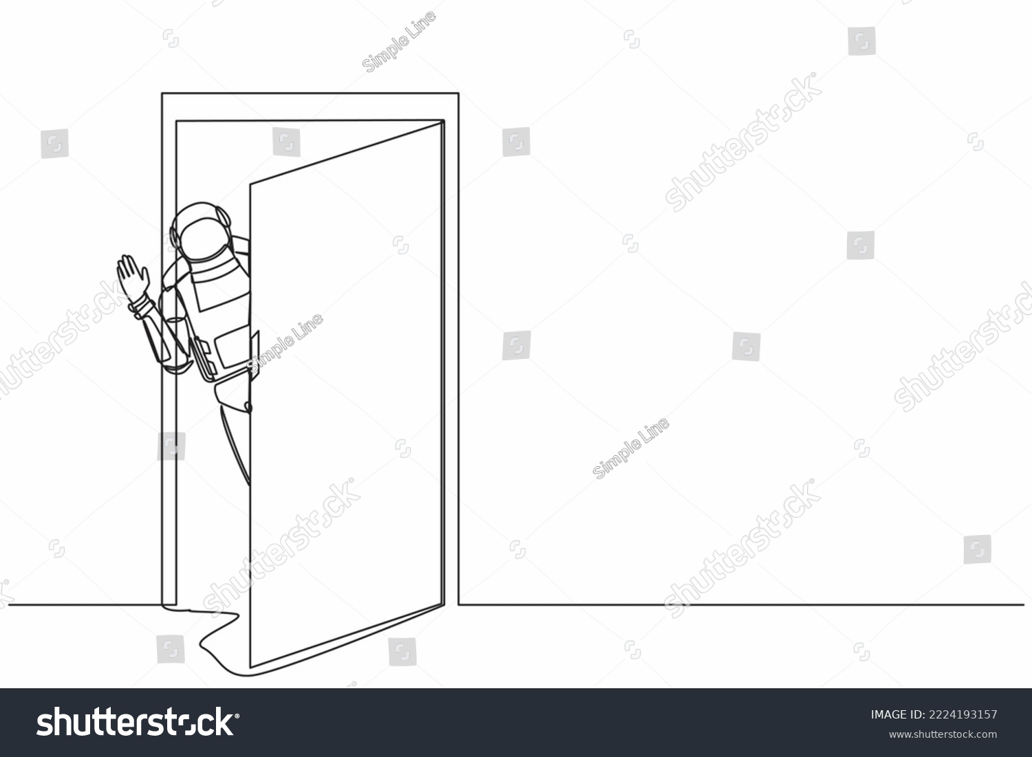 SVG of Single one line drawing young astronaut looking from behind open door in moon surface. Spaceman peeking of door and wave hands. Cosmic galaxy space. Continuous line graphic design vector illustration svg