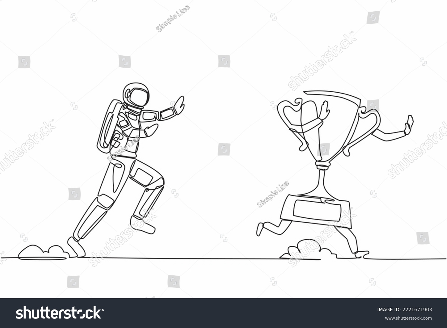 SVG of Single one line drawing young astronaut run chasing trophy in moon surface. Victory and award for galactic exploration. Cosmic galaxy space concept. Continuous line graphic design vector illustration svg