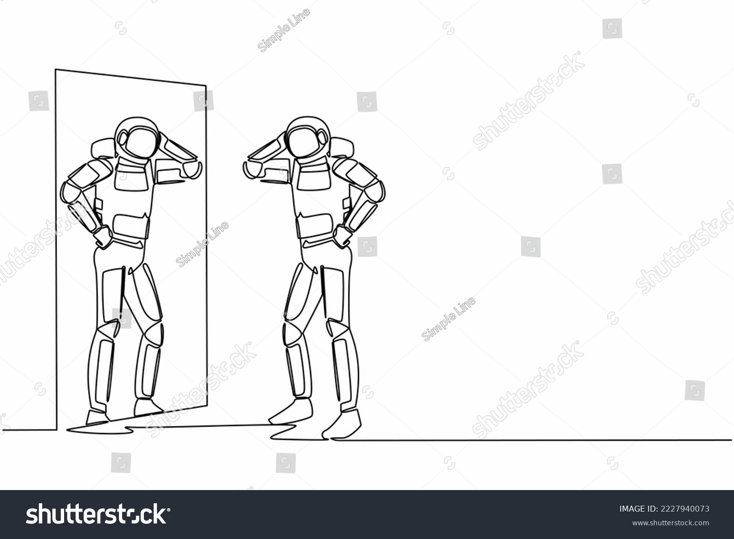 SVG of Single one line drawing young astronaut standing with style in front of mirror. Spaceman ready to start galactic journey. Cosmic galaxy space. Continuous line draw graphic design vector illustration svg