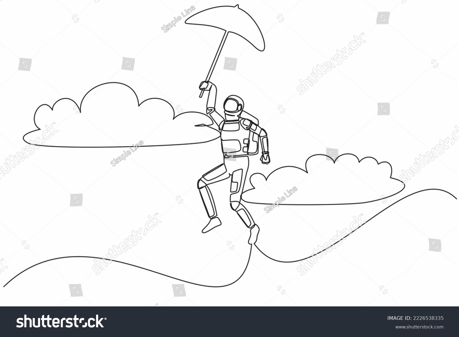 SVG of Single one line drawing young astronaut with umbrella through cloud. Reaches goal, target, find solution in moon spacewalk. Cosmic galaxy space. Continuous line draw graphic design vector illustration svg