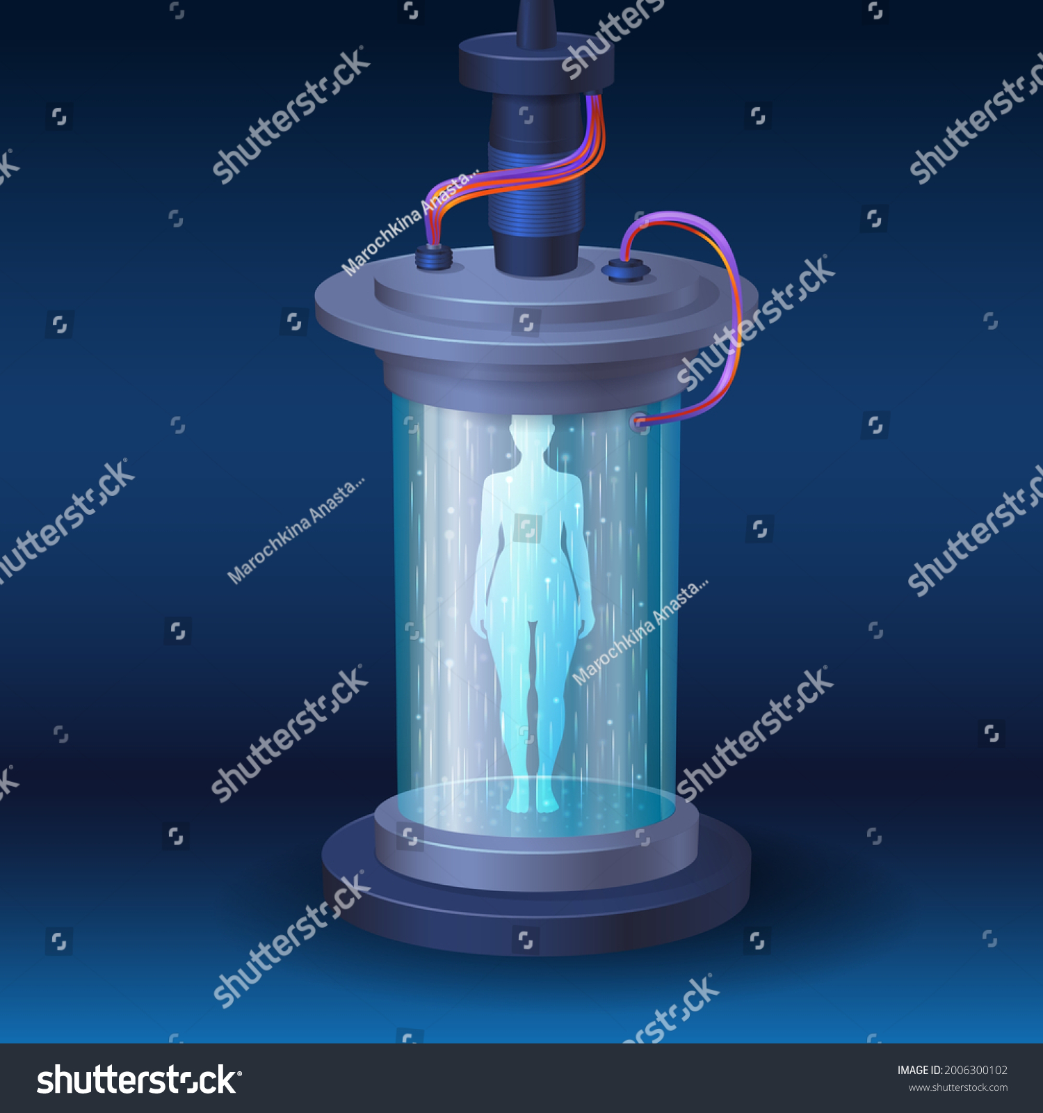 SVG of single teleport chamber with body silhouette, cryo chamber for freezing and travel on a spaceship, medical science fiction chamber concept for treatment and hibernation svg