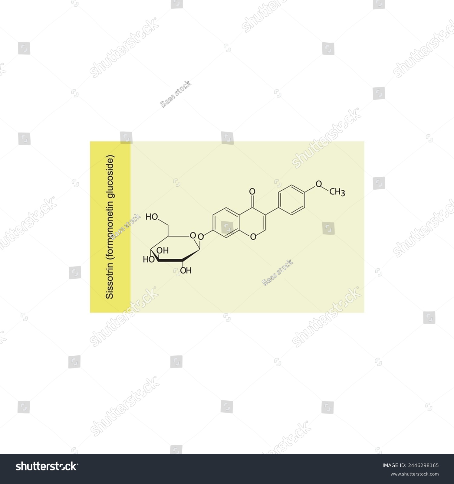 SVG of Sissotrin (formononetin glucoside) skeletal structure diagram.Isoflavanone compound molecule scientific illustration on yellow background. svg