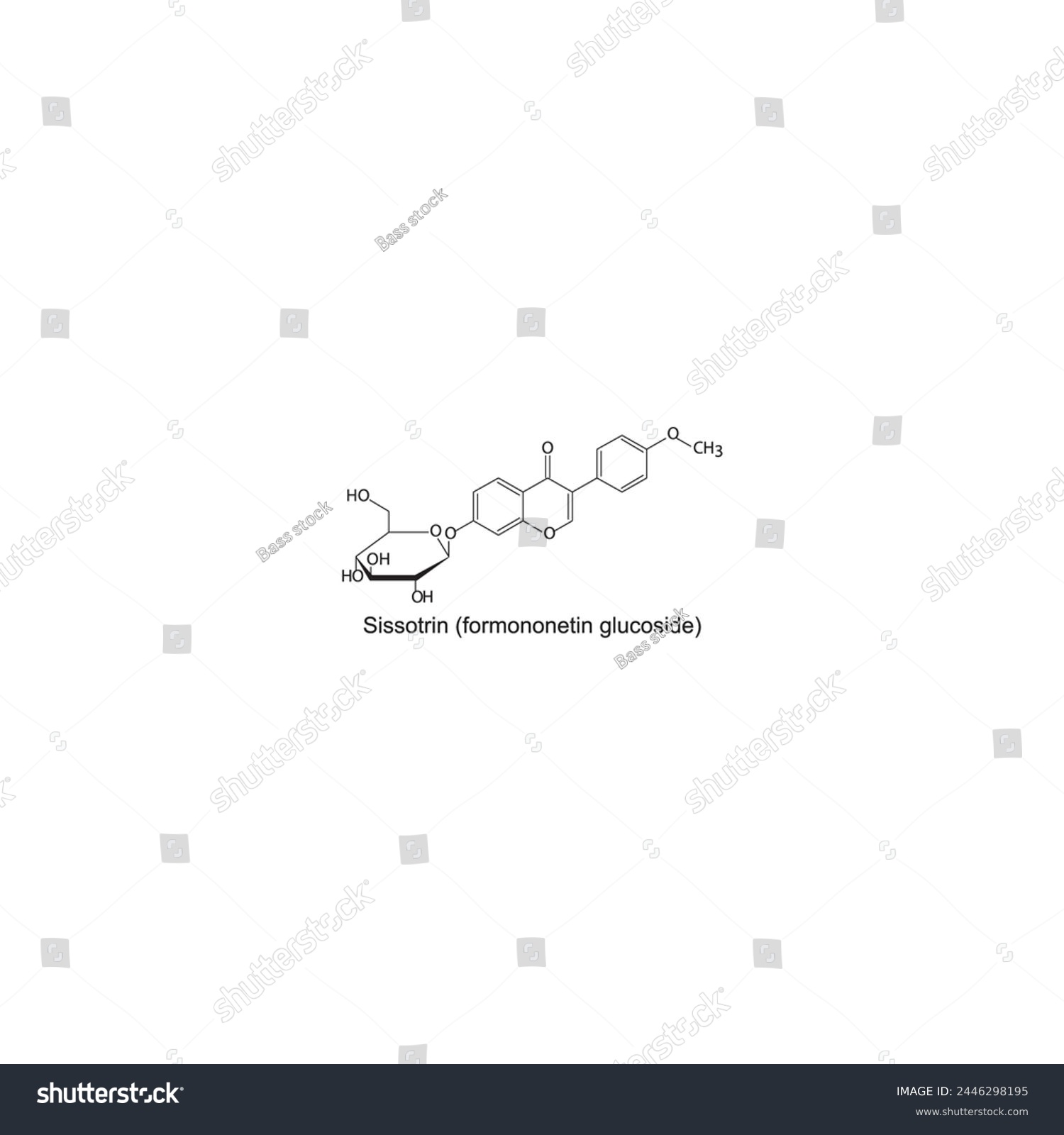 SVG of Sissotrin (formononetin glucoside) skeletal structure diagram.Isoflavanone compound molecule scientific illustration on white background. svg